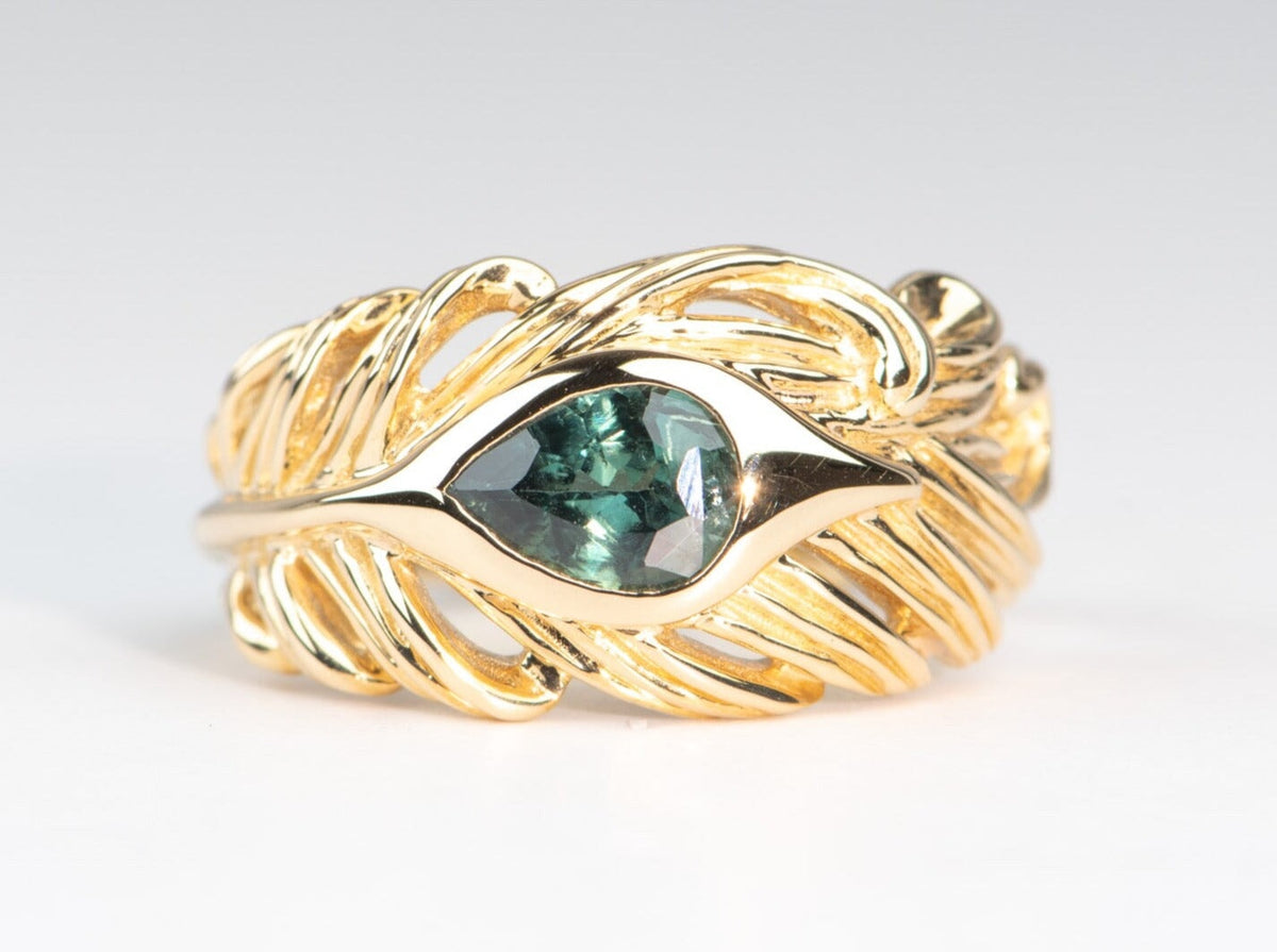 1ct Natural Teal Blue Nigerian Sapphire Hand-Carved Peacock Feather Ring 14K Gold R6671 Aurora Designer
