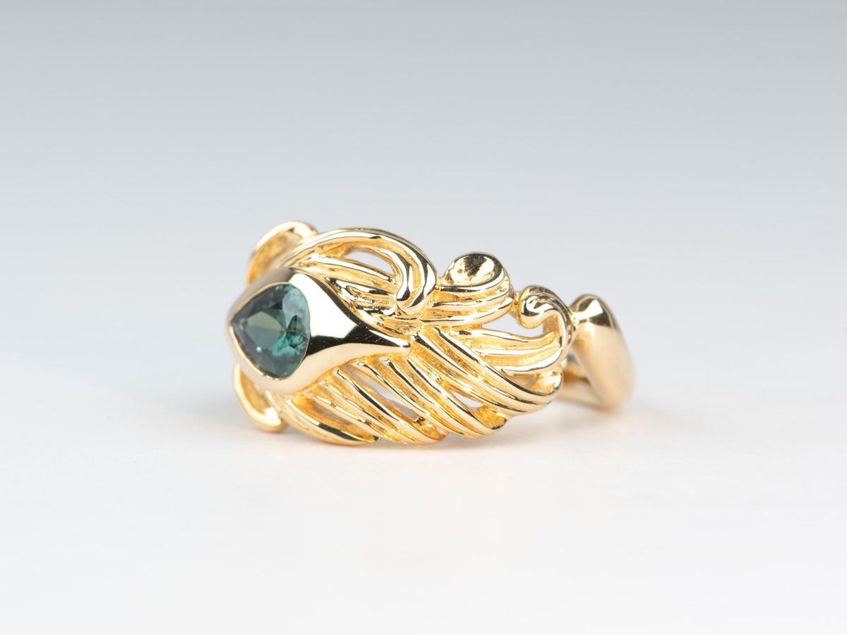1ct Natural Teal Blue Nigerian Sapphire Hand-Carved Peacock Feather Ring 14K Gold R6671 Aurora Designer