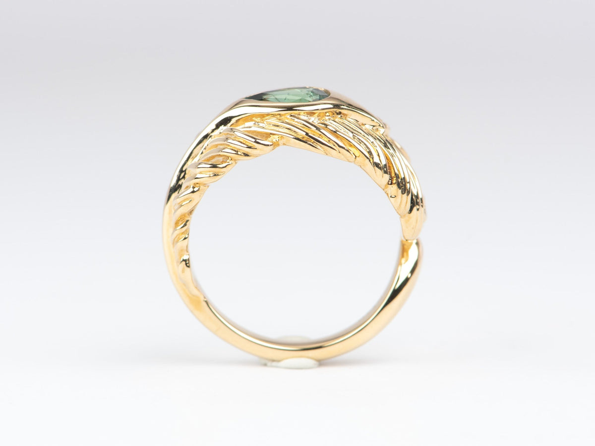 1ct Natural Teal Blue Nigerian Sapphire Hand-Carved Peacock Feather Ring 14K Gold R6671 Aurora Designer
