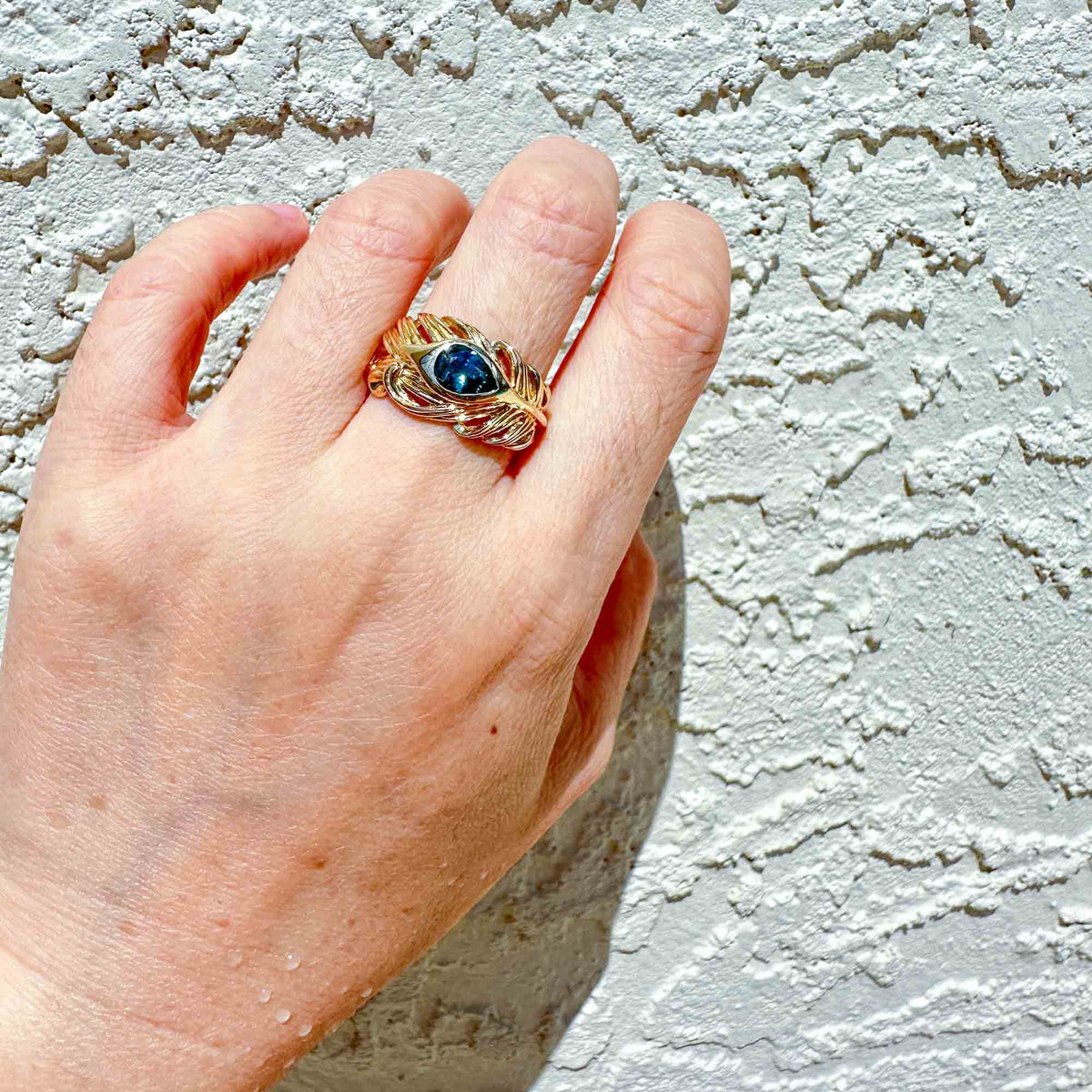 1ct Natural Teal Blue Nigerian Sapphire Hand-Carved Peacock Feather Ring 14K Gold R6671 Aurora Designer