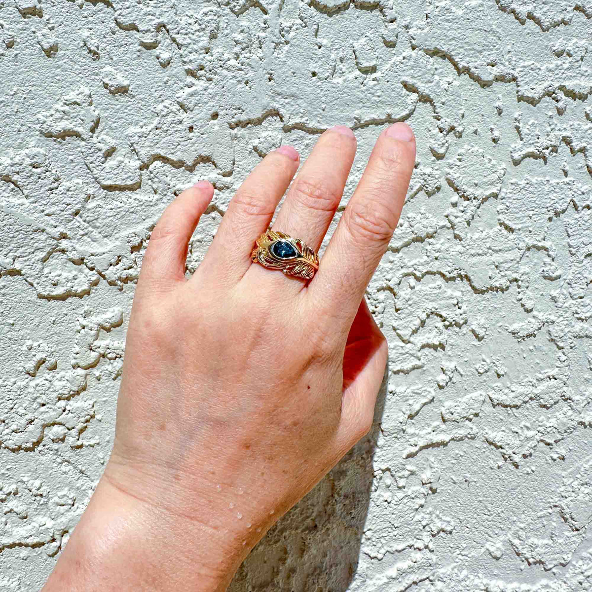 1ct Natural Teal Blue Nigerian Sapphire Hand-Carved Peacock Feather Ring 14K Gold R6671 Aurora Designer