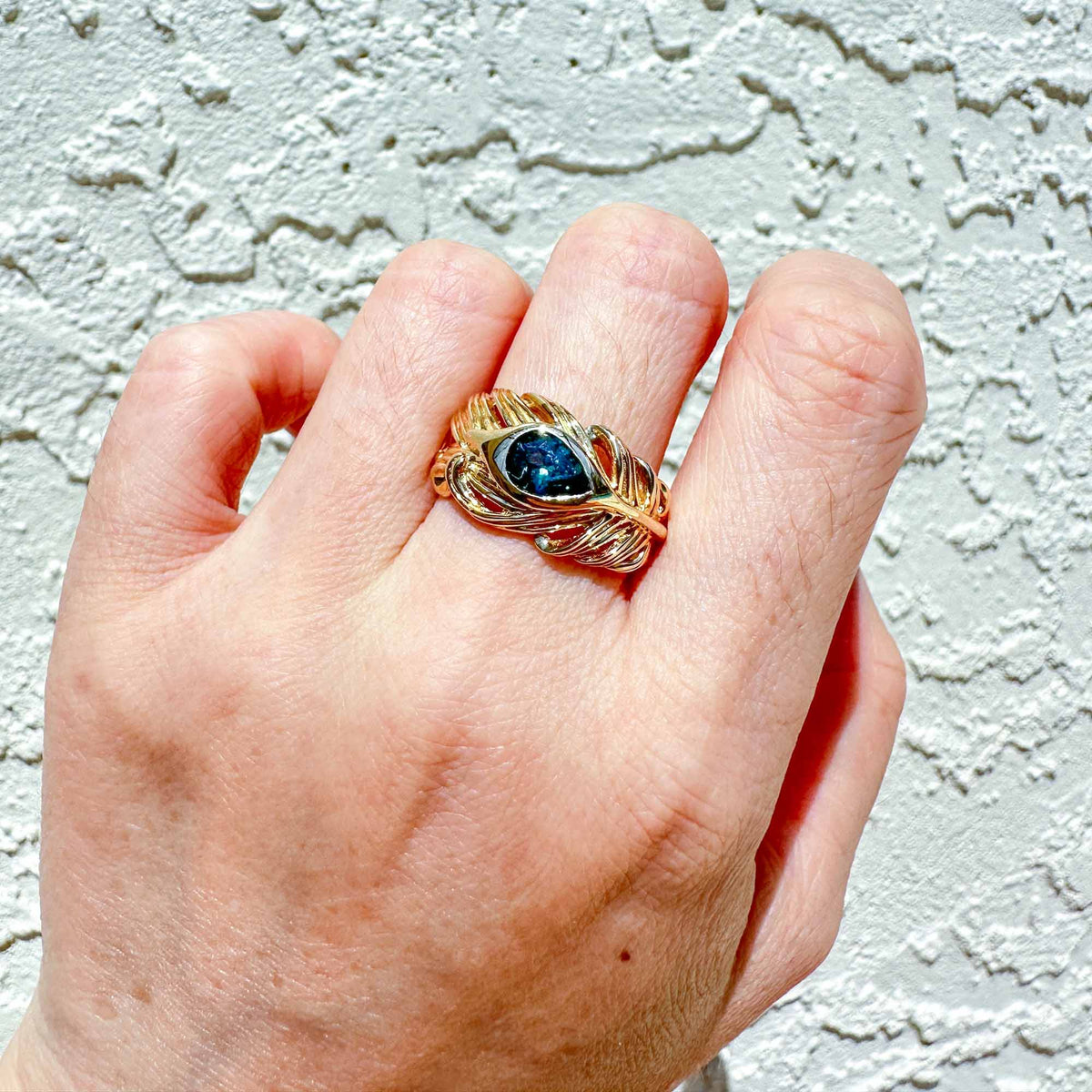 1ct Natural Teal Blue Nigerian Sapphire Hand-Carved Peacock Feather Ring 14K Gold R6671 Aurora Designer