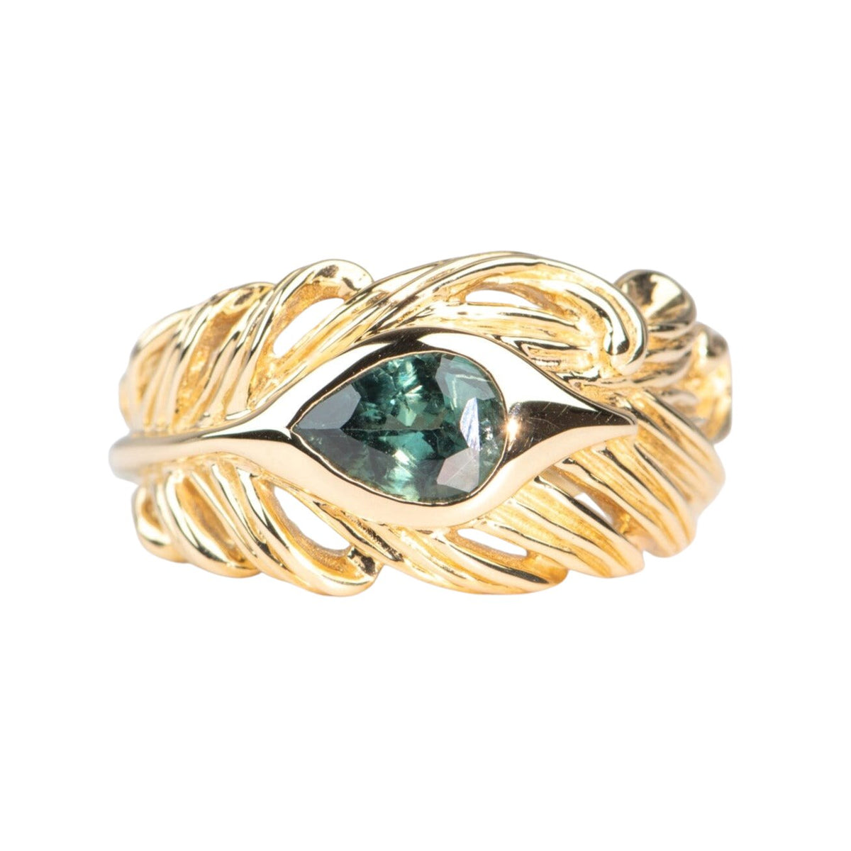 1ct Natural Teal Blue Nigerian Sapphire Hand-Carved Peacock Feather Ring 14K Gold R6671 Aurora Designer