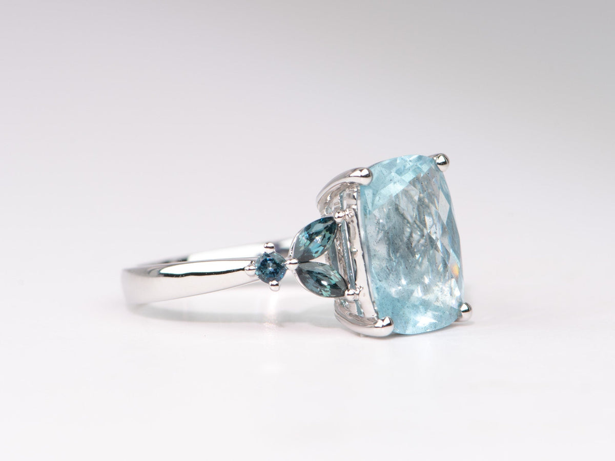 3.82ct Moss Aquamarine with Montana Sapphire Leafy Sides Right Hand Ring 9K White Gold R6673 Aurora Designer