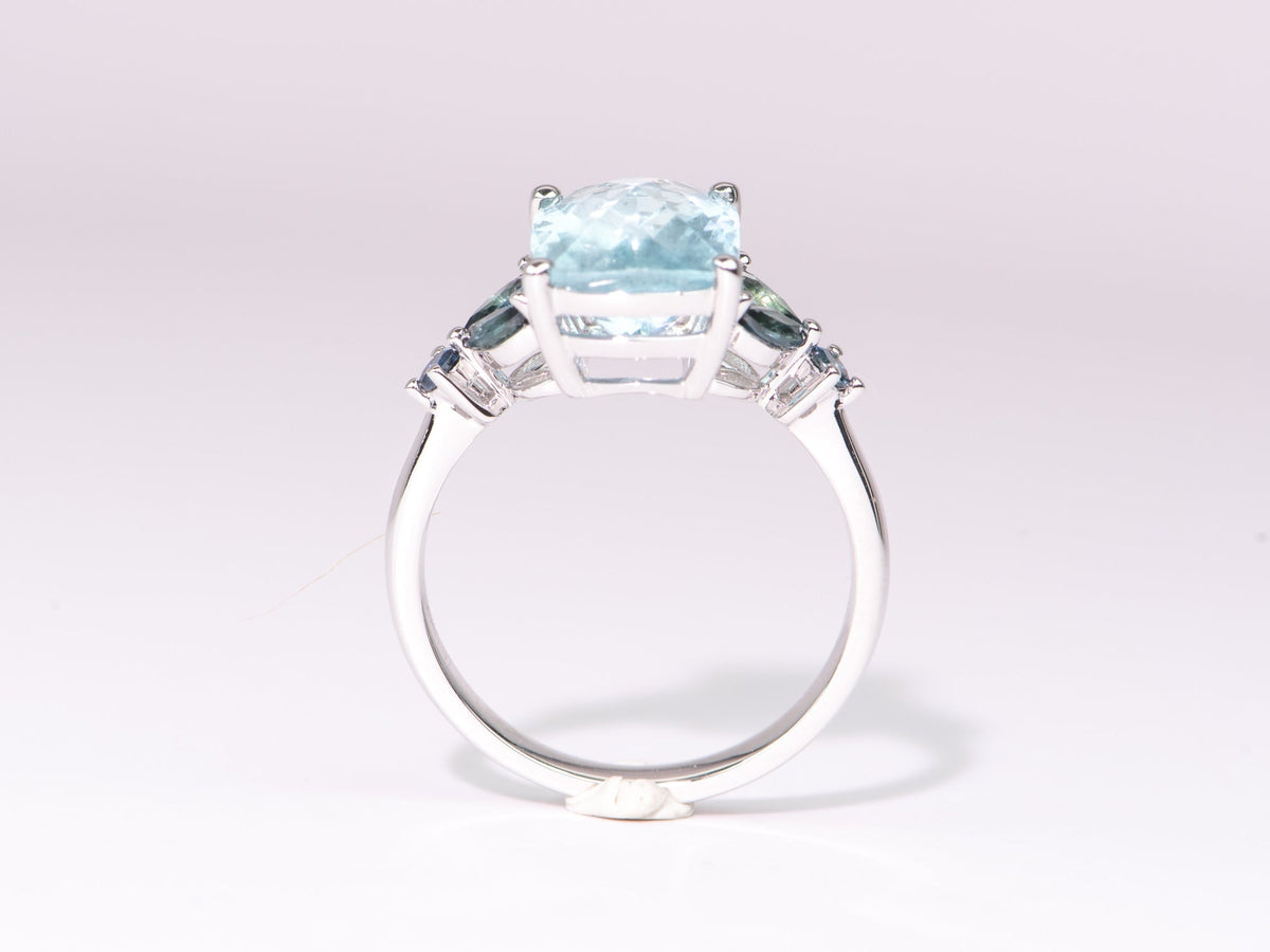 3.82ct Moss Aquamarine with Montana Sapphire Leafy Sides Right Hand Ring 9K White Gold R6673 Aurora Designer