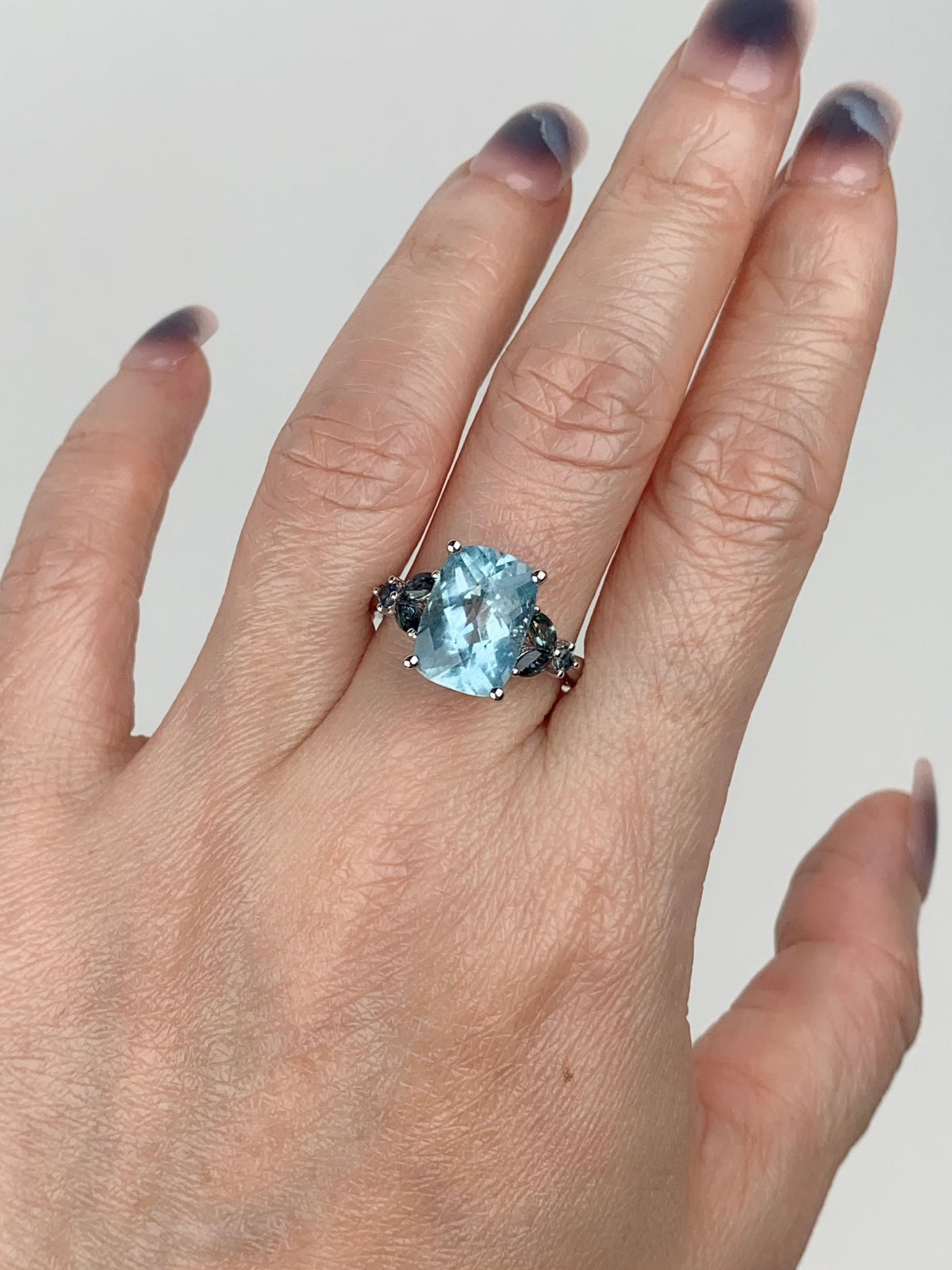 3.82ct Moss Aquamarine with Montana Sapphire Leafy Sides Right Hand Ring 9K White Gold R6673 Aurora Designer