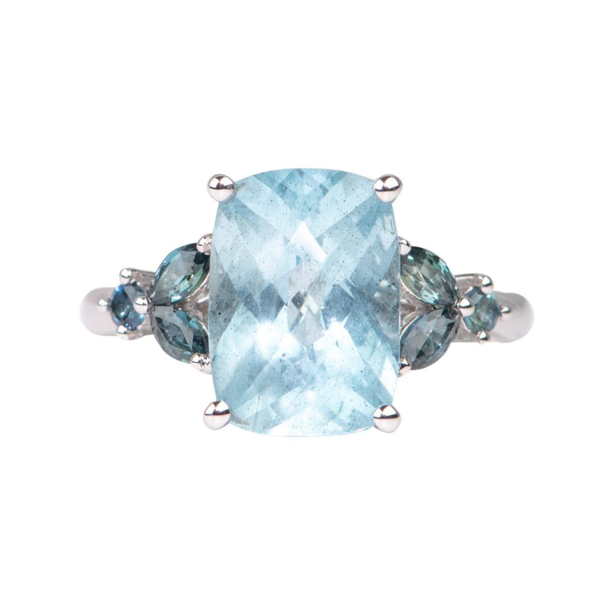 3.82ct Moss Aquamarine with Montana Sapphire Leafy Sides Right Hand Ring 9K White Gold R6673 Aurora Designer