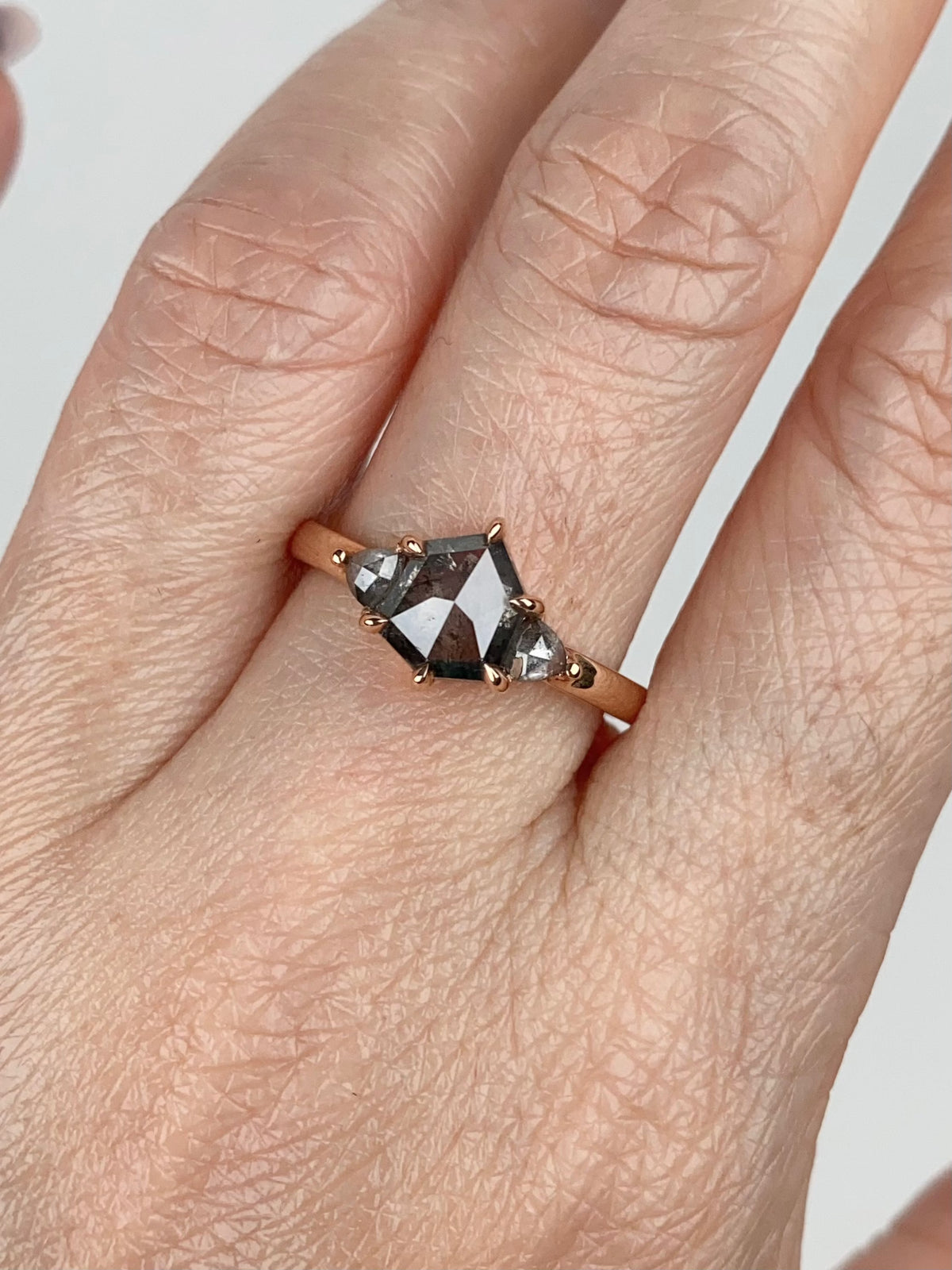 1.54ctw Salt and Pepper Diamond Three-Stone Engagement Ring 14K Rose Gold R6674 Aurora Designer