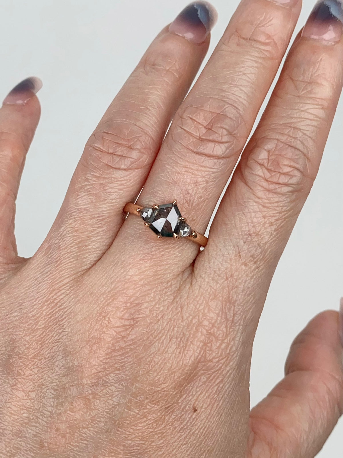 1.54ctw Salt and Pepper Diamond Three-Stone Engagement Ring 14K Rose Gold R6674 Aurora Designer