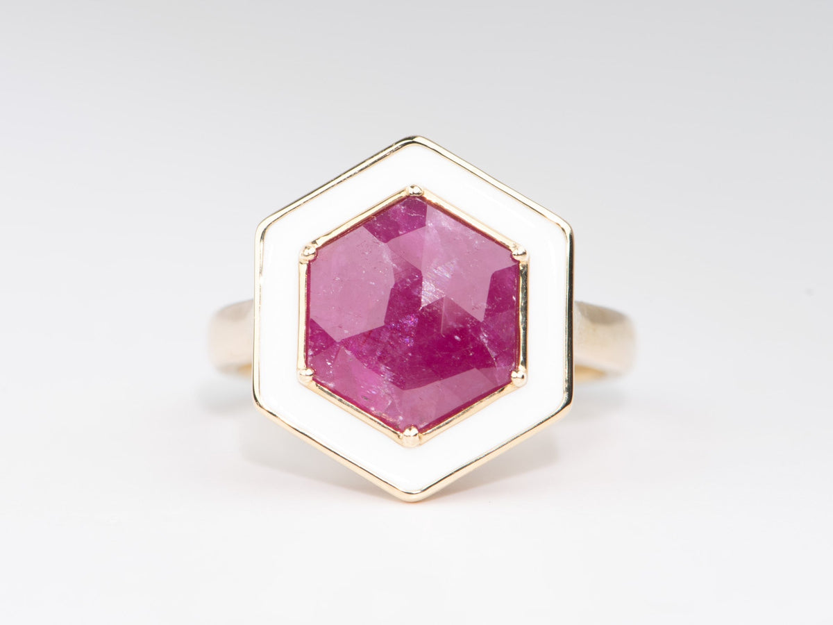 3.1ct Hexagon Rose Cut Ruby with White Enamel Halo 9K Gold Engagement Ring R6679 Aurora Designer