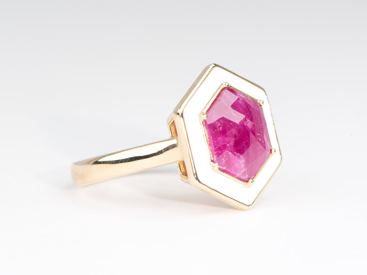 3.1ct Hexagon Rose Cut Ruby with White Enamel Halo 9K Gold Engagement Ring R6679 Aurora Designer