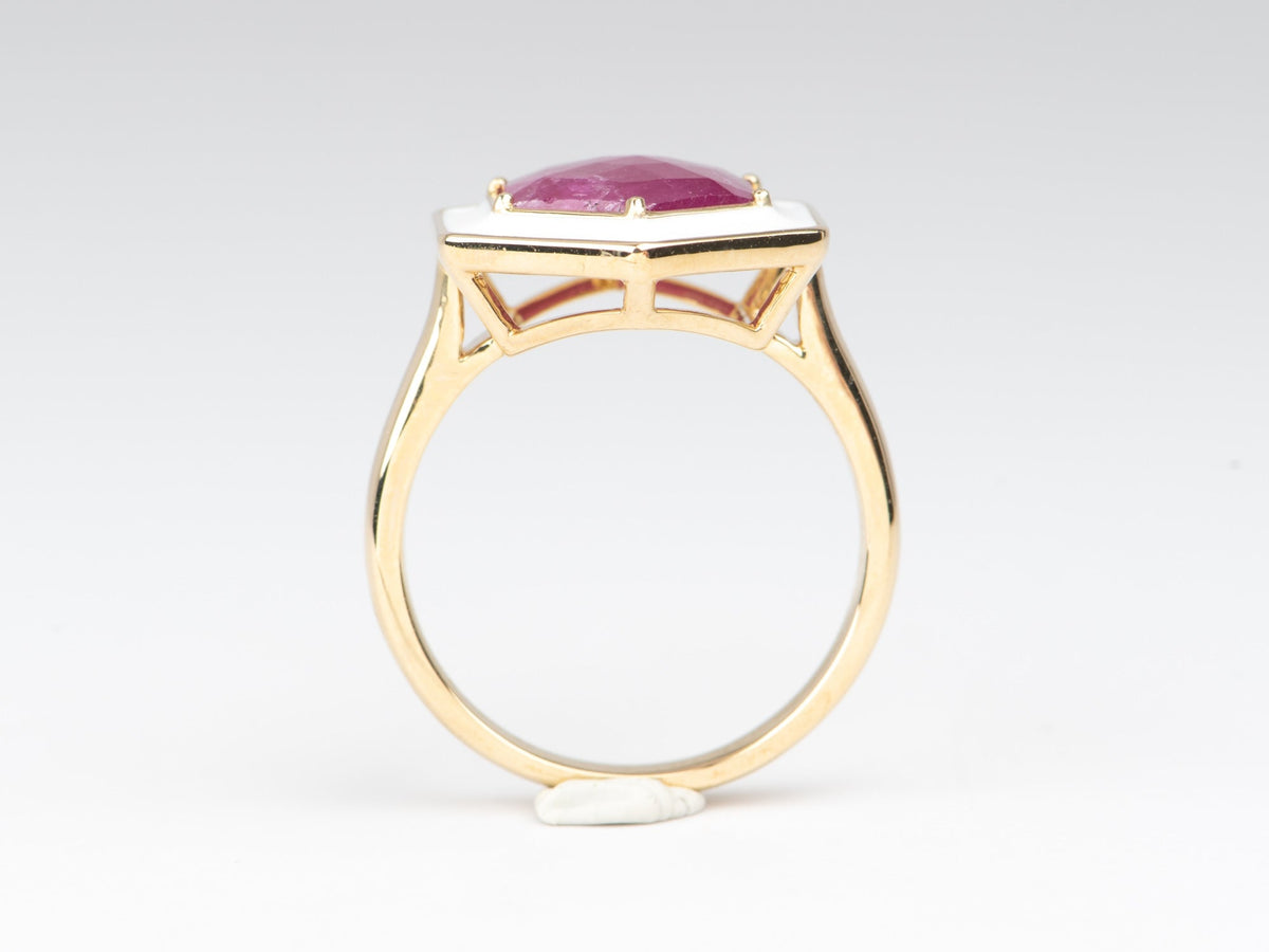 3.1ct Hexagon Rose Cut Ruby with White Enamel Halo 9K Gold Engagement Ring R6679 Aurora Designer