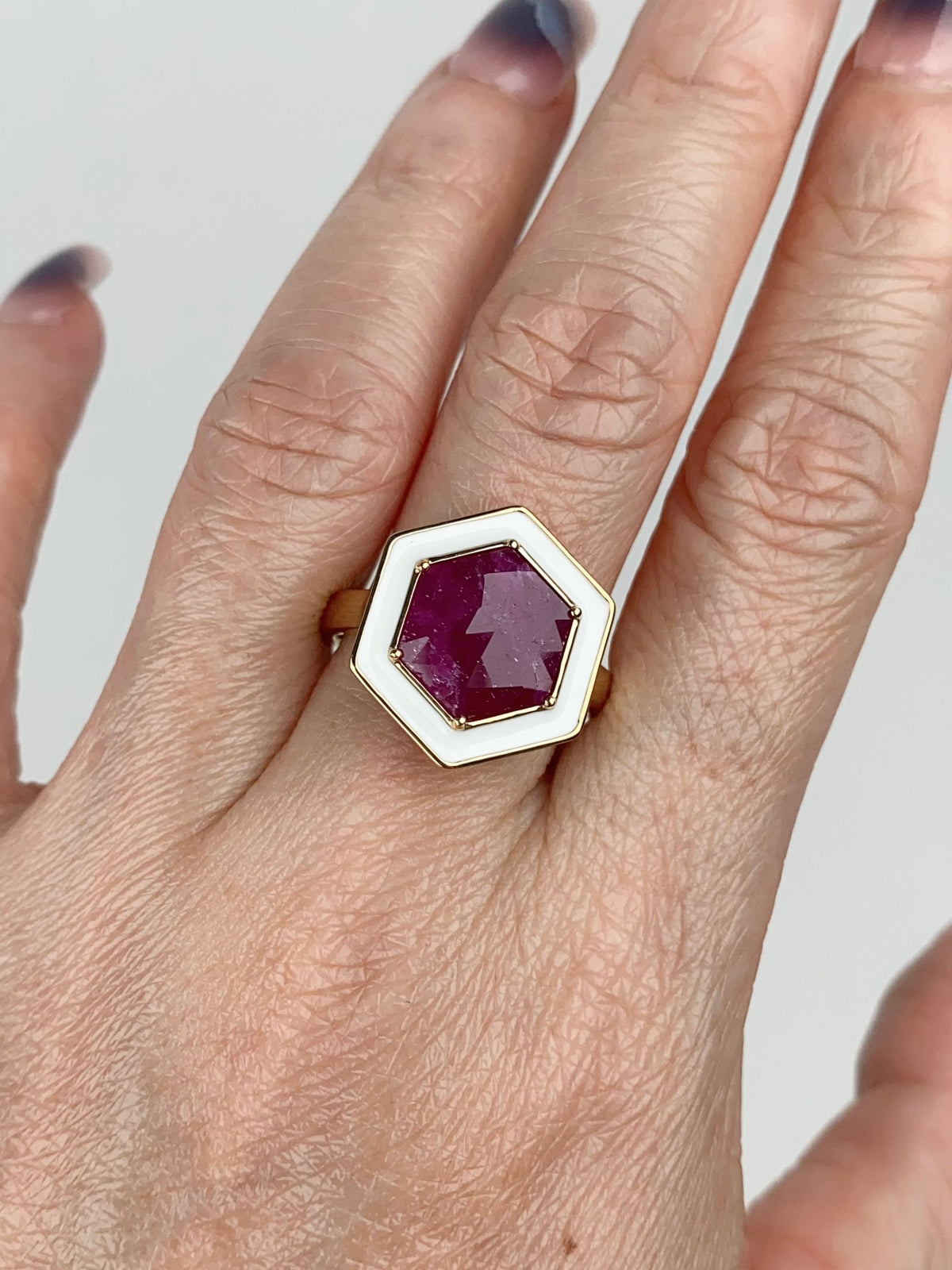 3.1ct Hexagon Rose Cut Ruby with White Enamel Halo 9K Gold Engagement Ring R6679 Aurora Designer