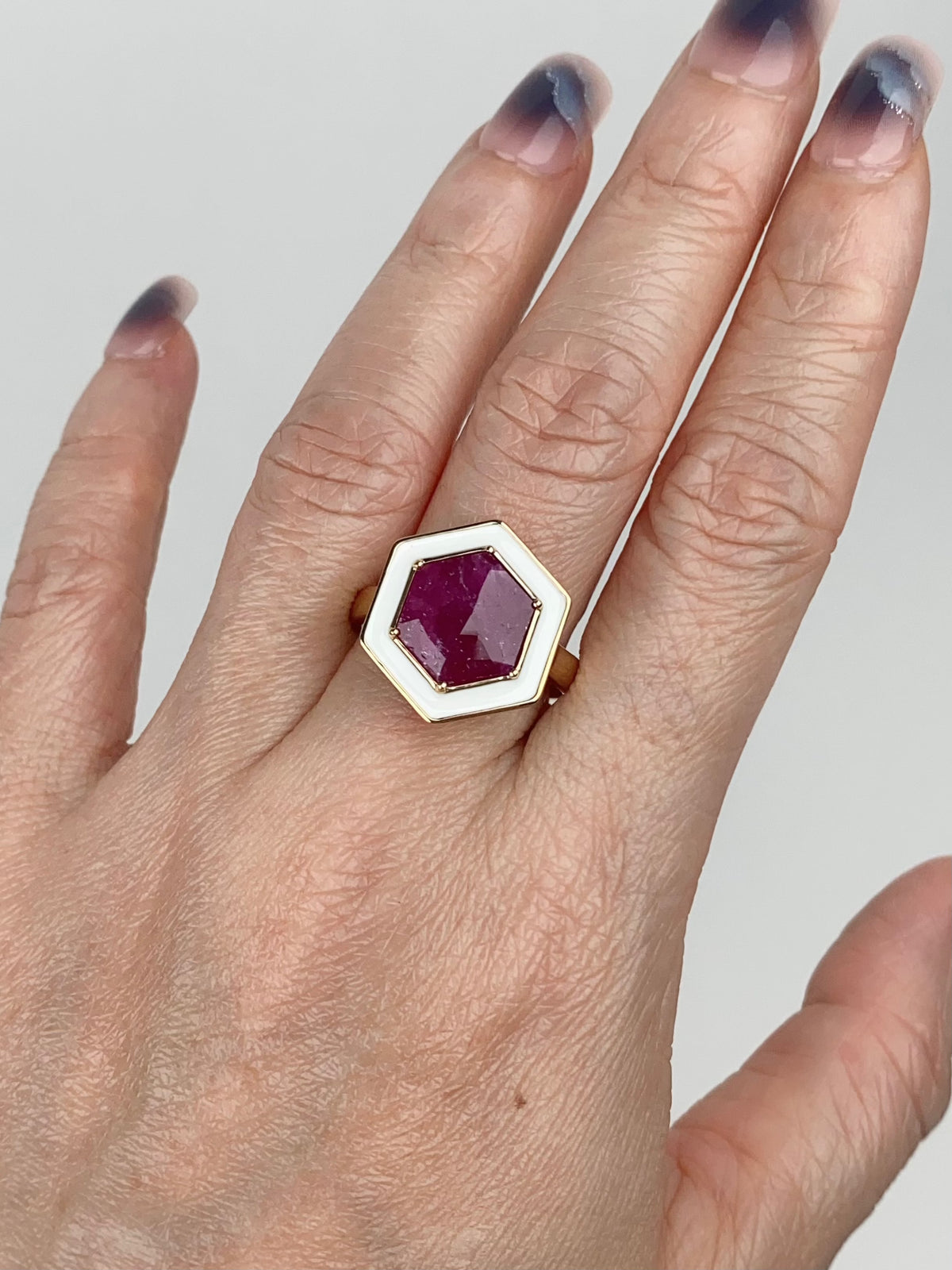 3.1ct Hexagon Rose Cut Ruby with White Enamel Halo 9K Gold Engagement Ring R6679 Aurora Designer