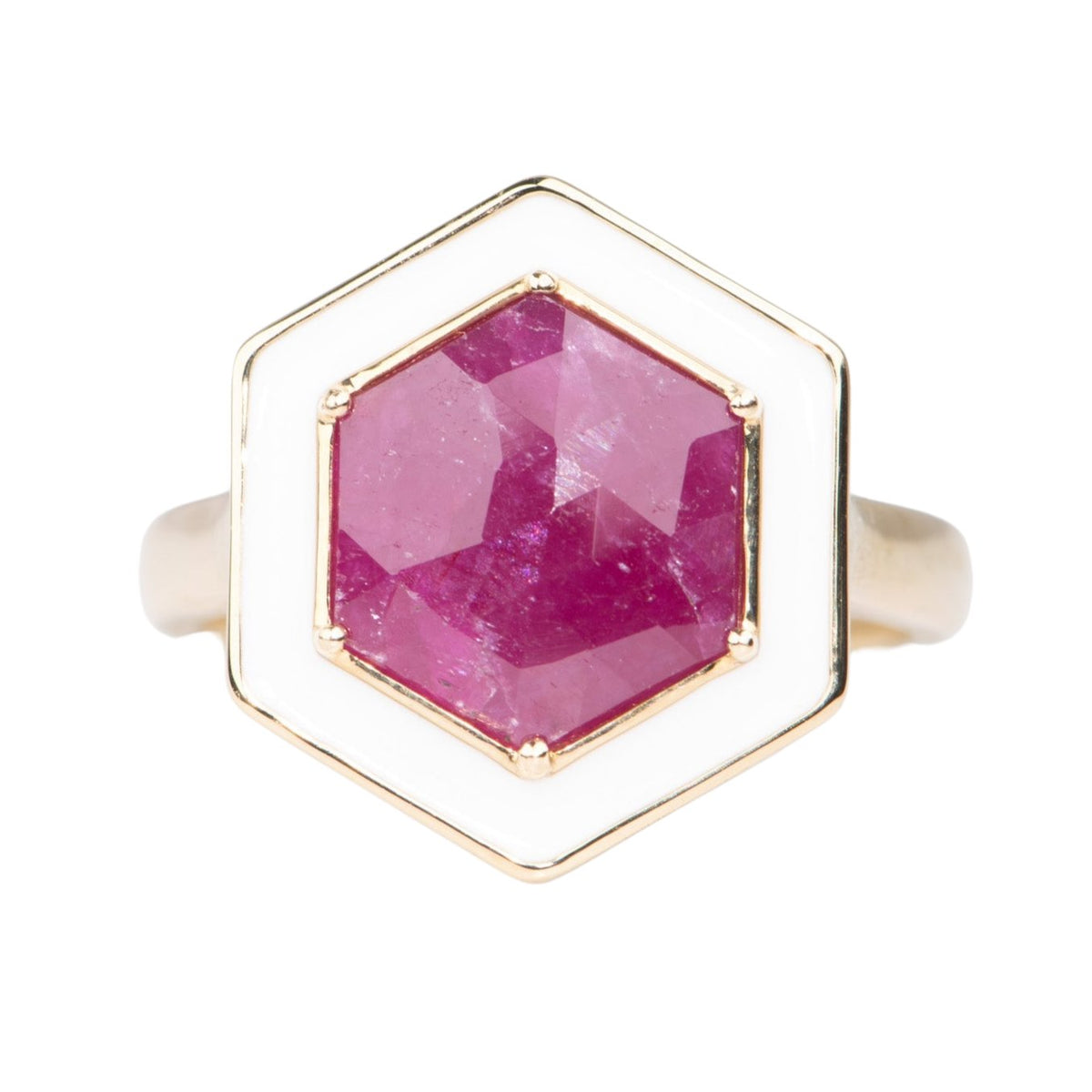 3.1ct Hexagon Rose Cut Ruby with White Enamel Halo 9K Gold Engagement Ring R6679 Aurora Designer