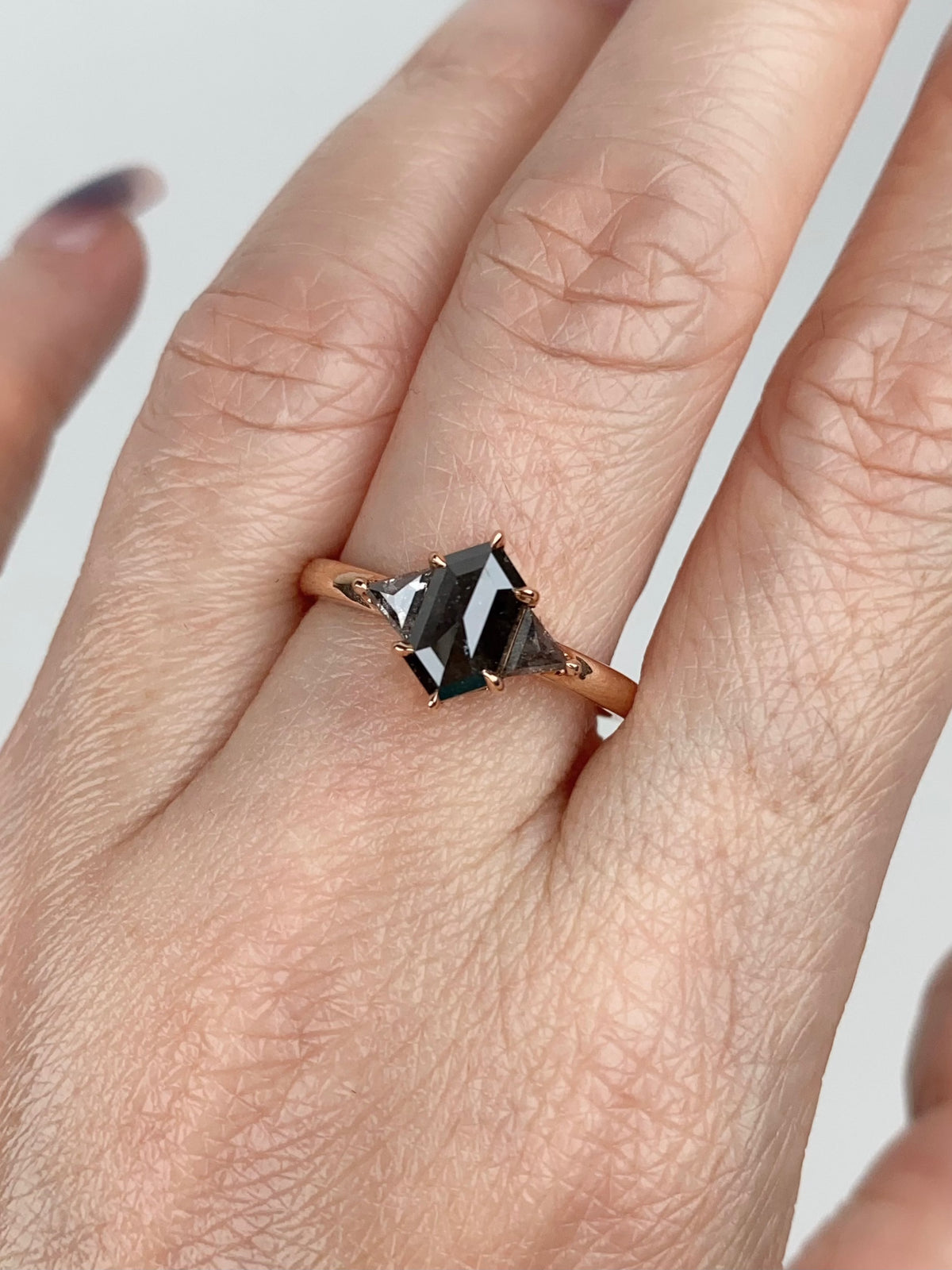 1.42ctw Dark Gray Diamond Three-Stone Engagement Ring 14K Rose Gold R6680 Aurora Designer