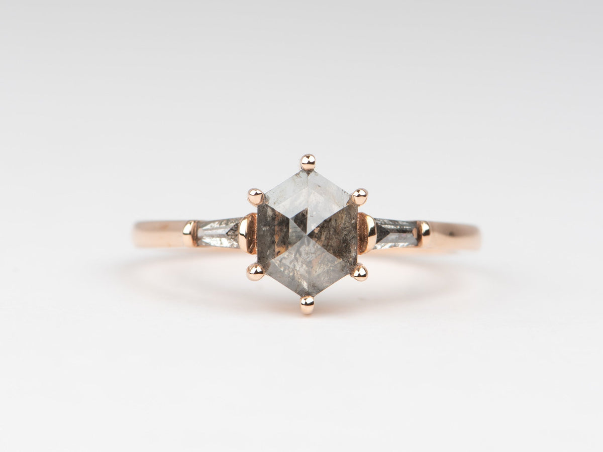 1.28ctw Hexagon Salt and Pepper Diamond Three-Stone Engagement Ring 14K Rose Gold R6681 Aurora Designer