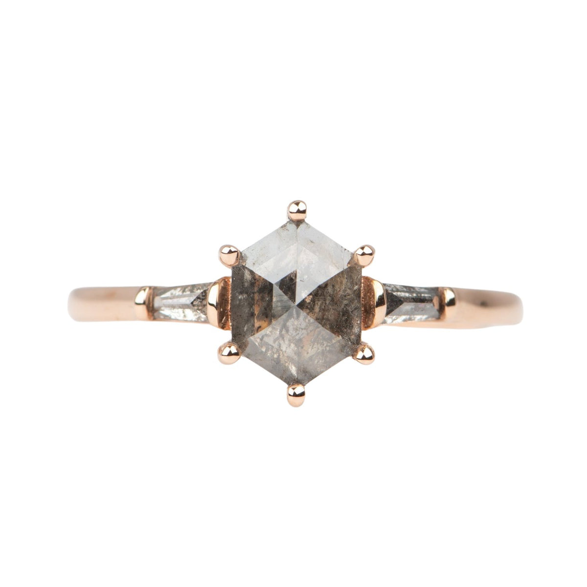 1.28ctw Hexagon Salt and Pepper Diamond Three-Stone Engagement Ring 14K Rose Gold R6681 Aurora Designer