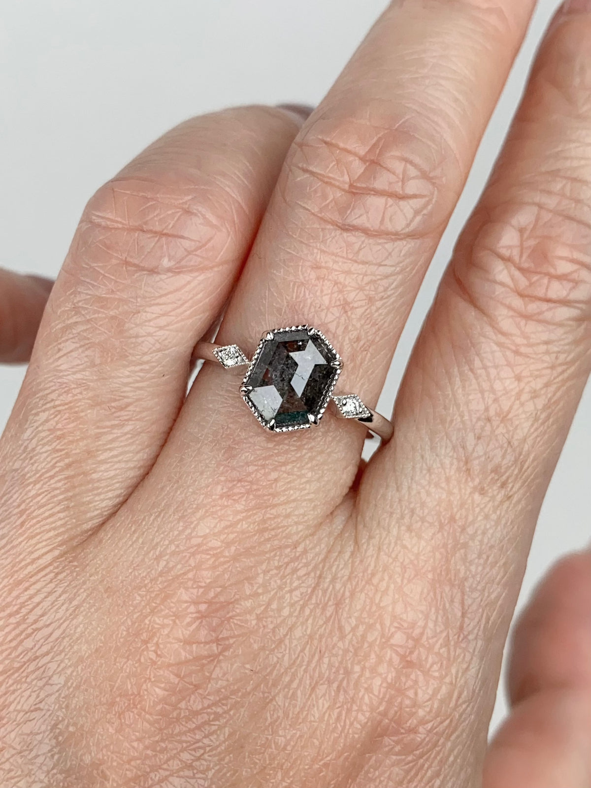 1.22ct Hexagon Shape Salt and Pepper Diamond 14K White Gold Engagement Ring R6684 Aurora Designer