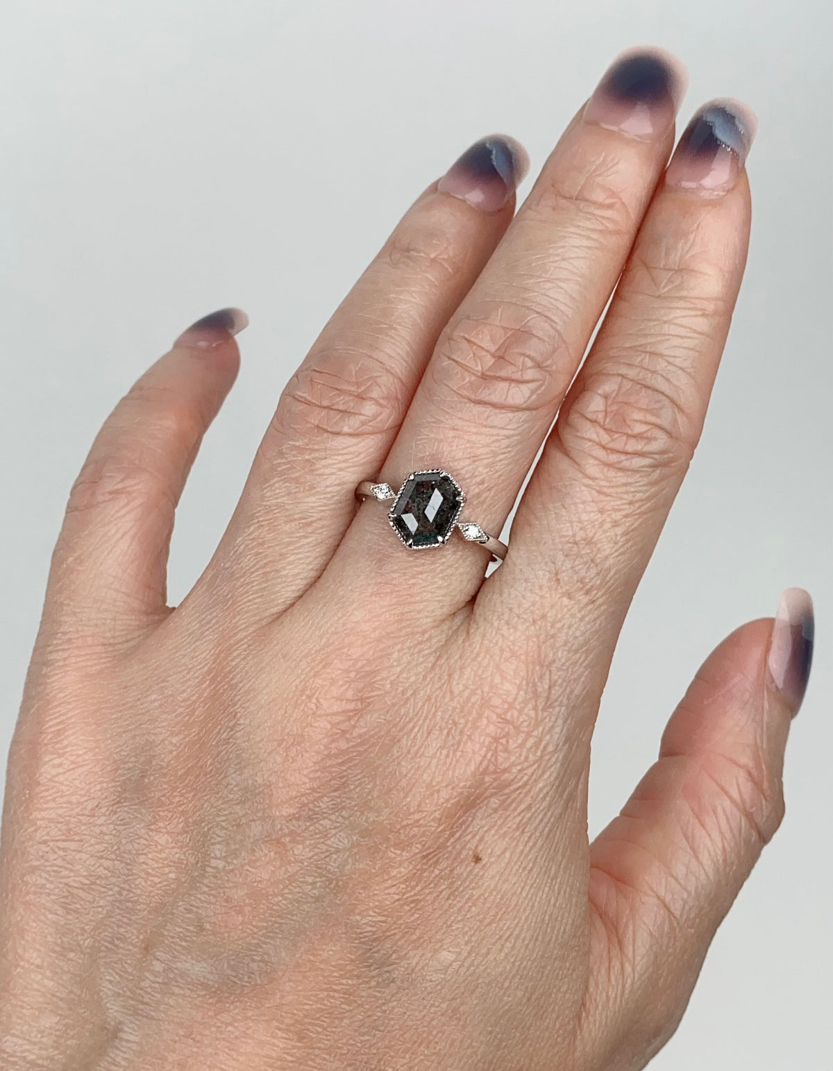 1.22ct Hexagon Shape Salt and Pepper Diamond 14K White Gold Engagement Ring R6684 Aurora Designer