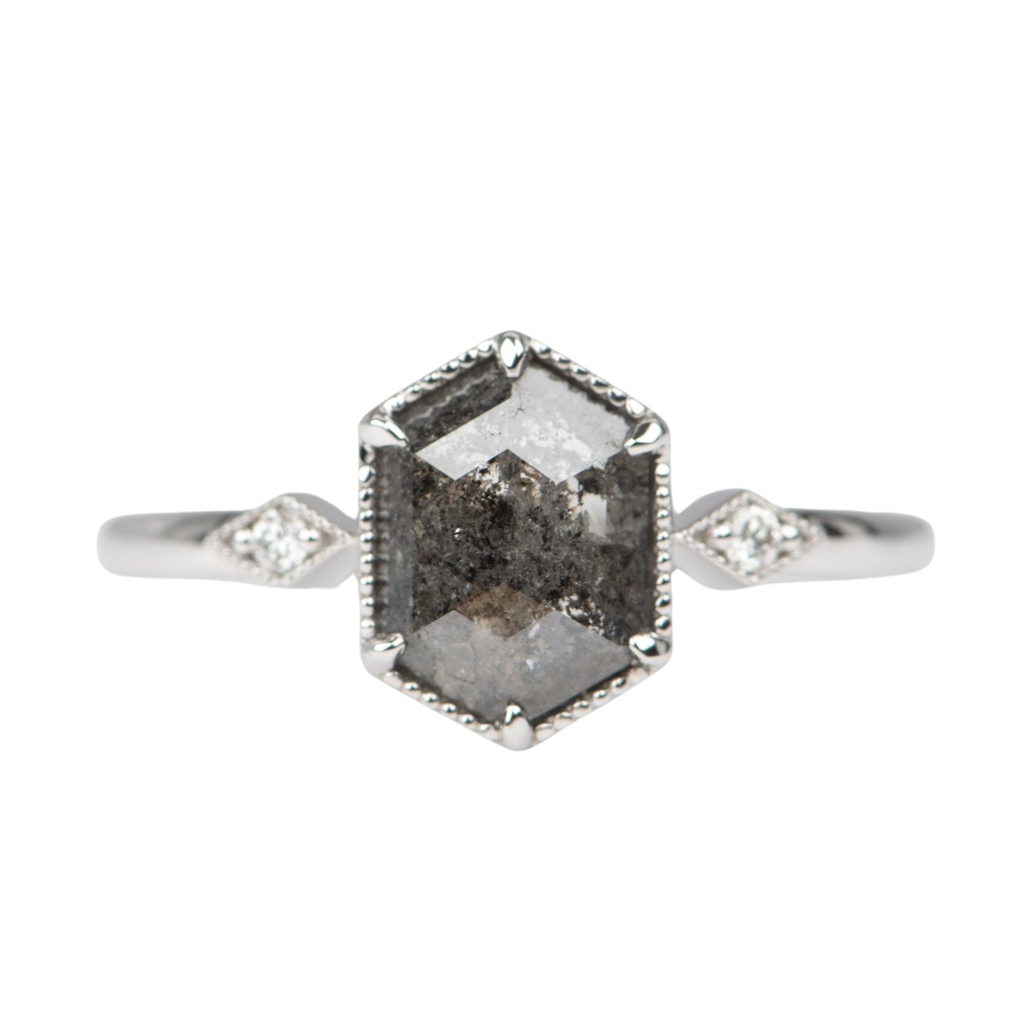 1.22ct Hexagon Shape Salt and Pepper Diamond 14K White Gold Engagement Ring R6684 Aurora Designer