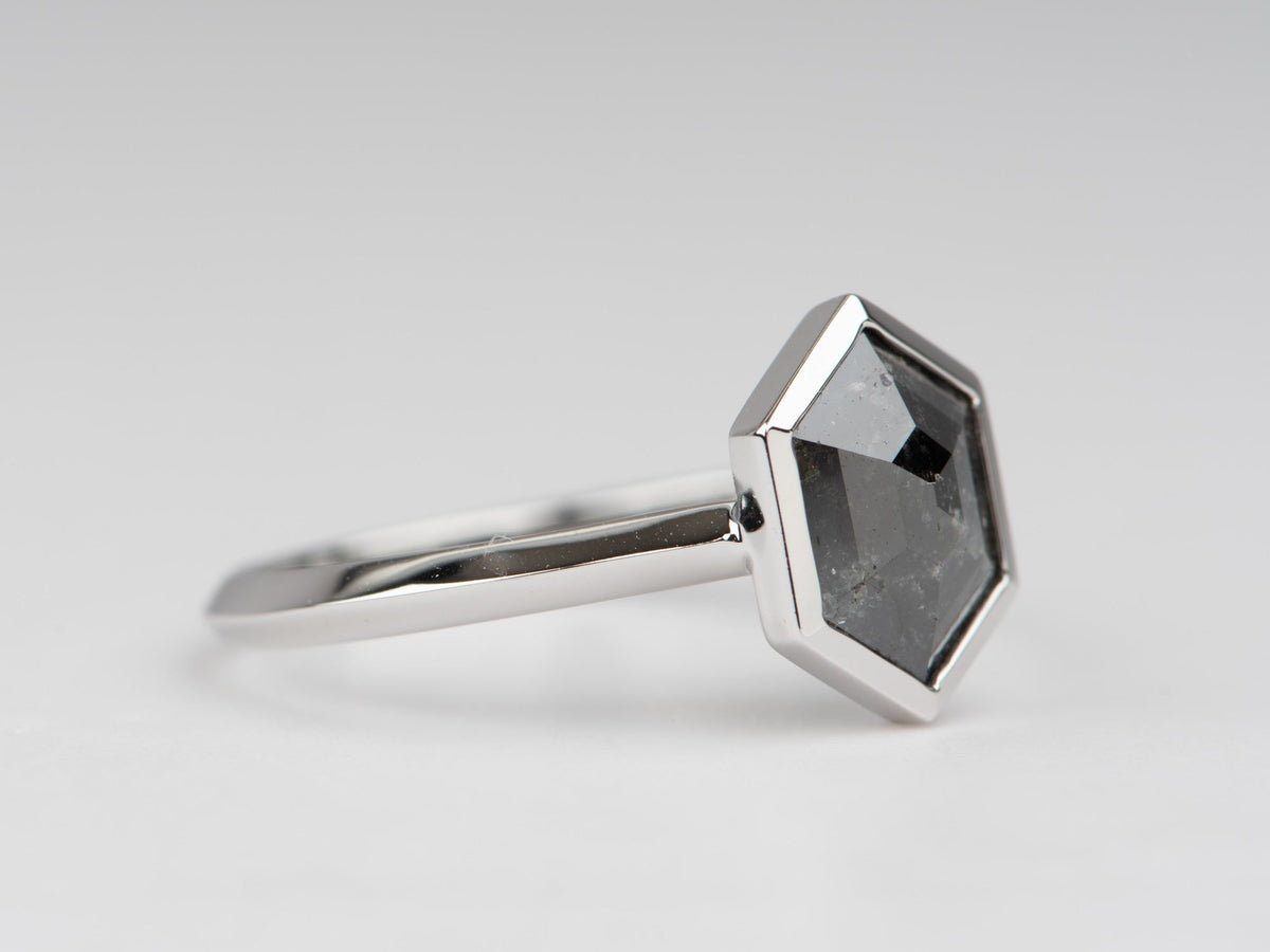 1.66ct Hexagon Shape Salt and Pepper Diamond Bezel Set Engagement Ring 14K White Gold R6686 Aurora Designer