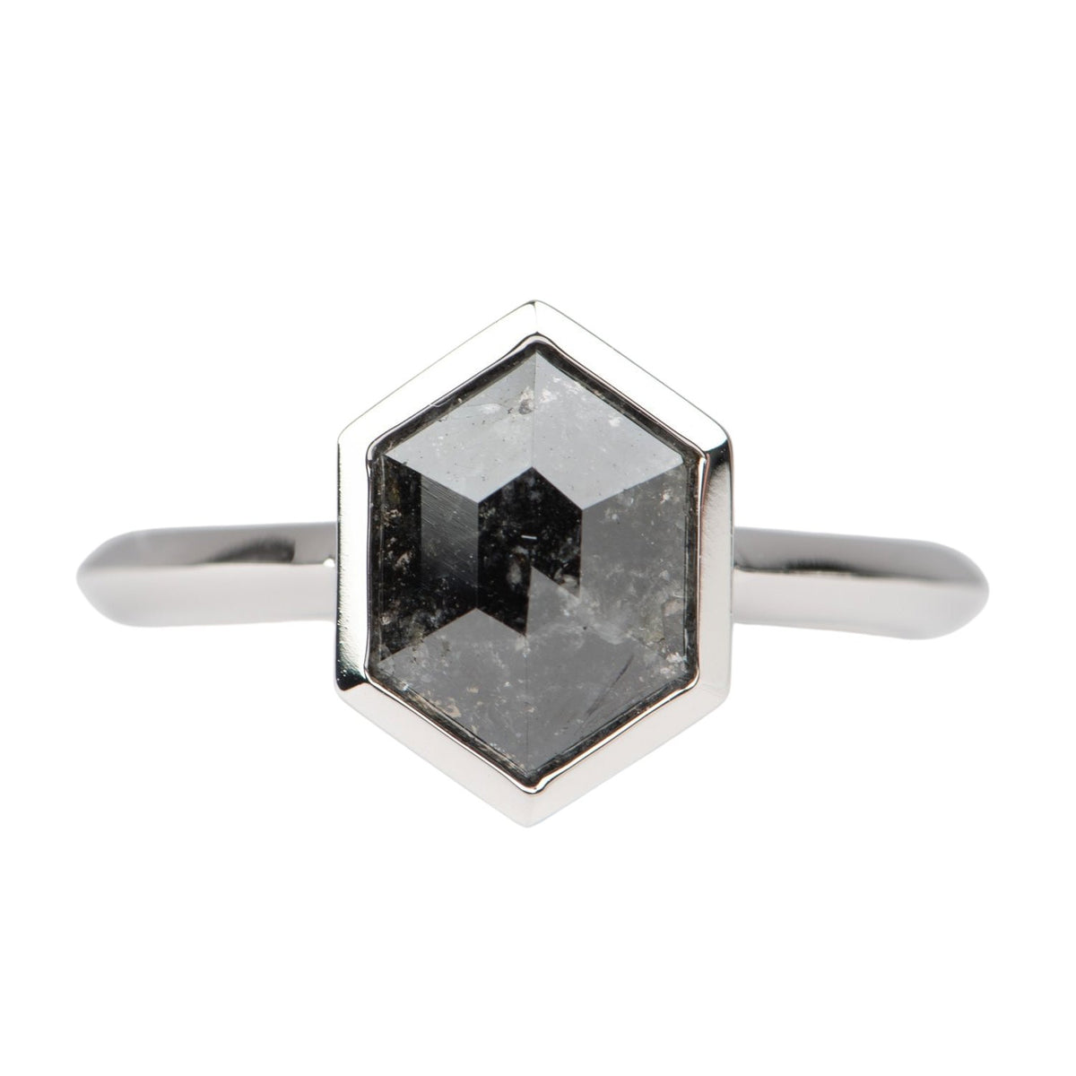 1.66ct Hexagon Shape Salt and Pepper Diamond Bezel Set Engagement Ring 14K White Gold R6686 Aurora Designer