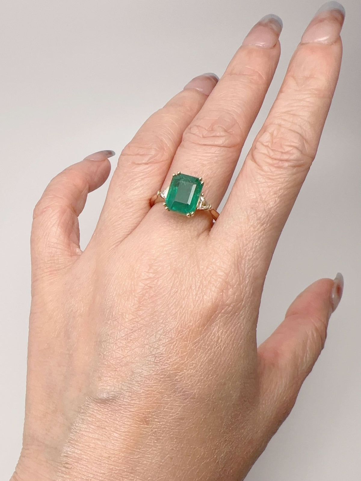 3.48ctw Emerald and Diamond 3-Stone Ring 14K Gold R6688 Aurora Designer