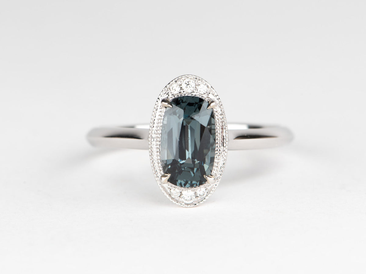 1.46ct Steel Gray Spinel Ring with Diamond Accent Milgrain Setting 14K White Gold R6690 Aurora Designer