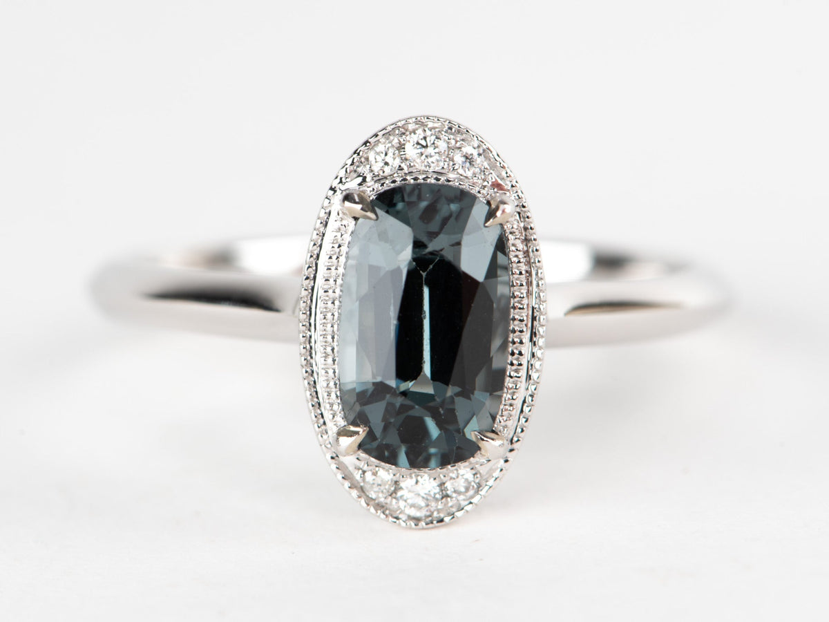 1.46ct Steel Gray Spinel Ring with Diamond Accent Milgrain Setting 14K White Gold R6690 Aurora Designer