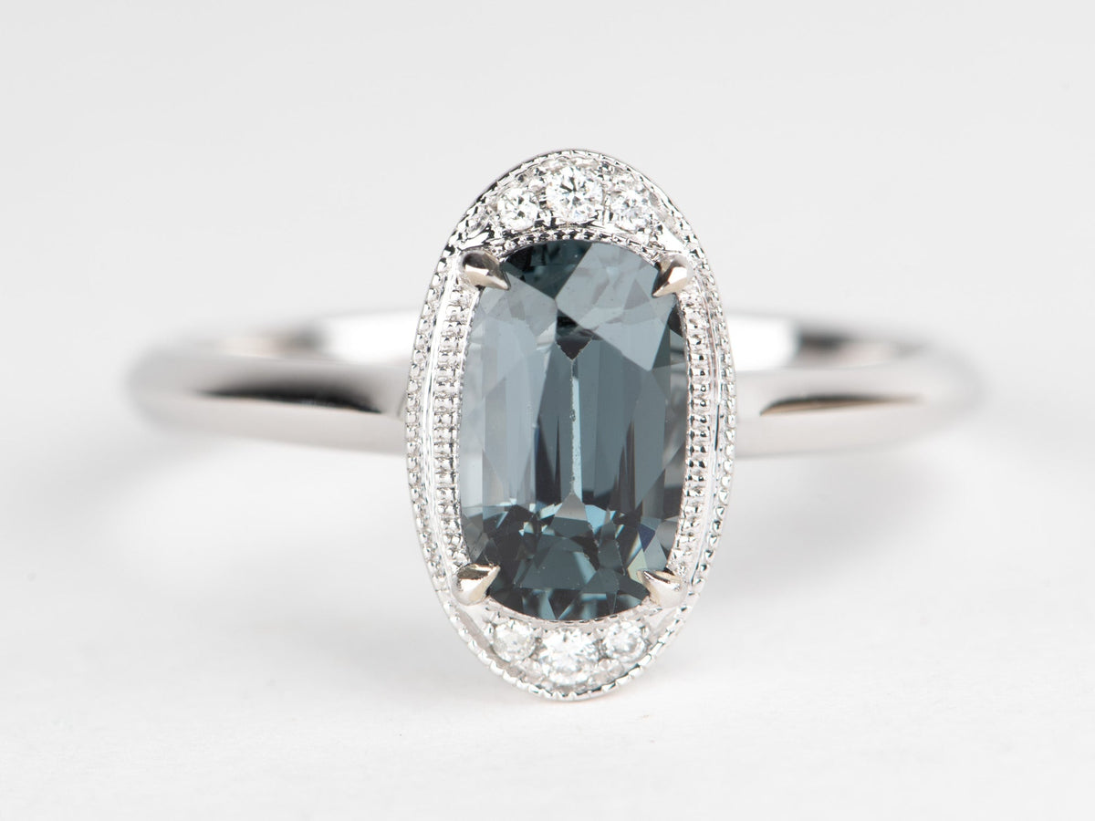 1.46ct Steel Gray Spinel Ring with Diamond Accent Milgrain Setting 14K White Gold R6690 Aurora Designer