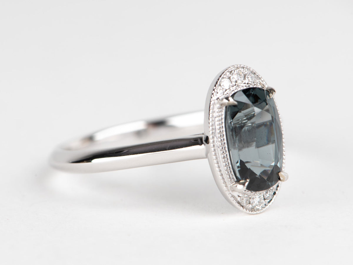 1.46ct Steel Gray Spinel Ring with Diamond Accent Milgrain Setting 14K White Gold R6690 Aurora Designer