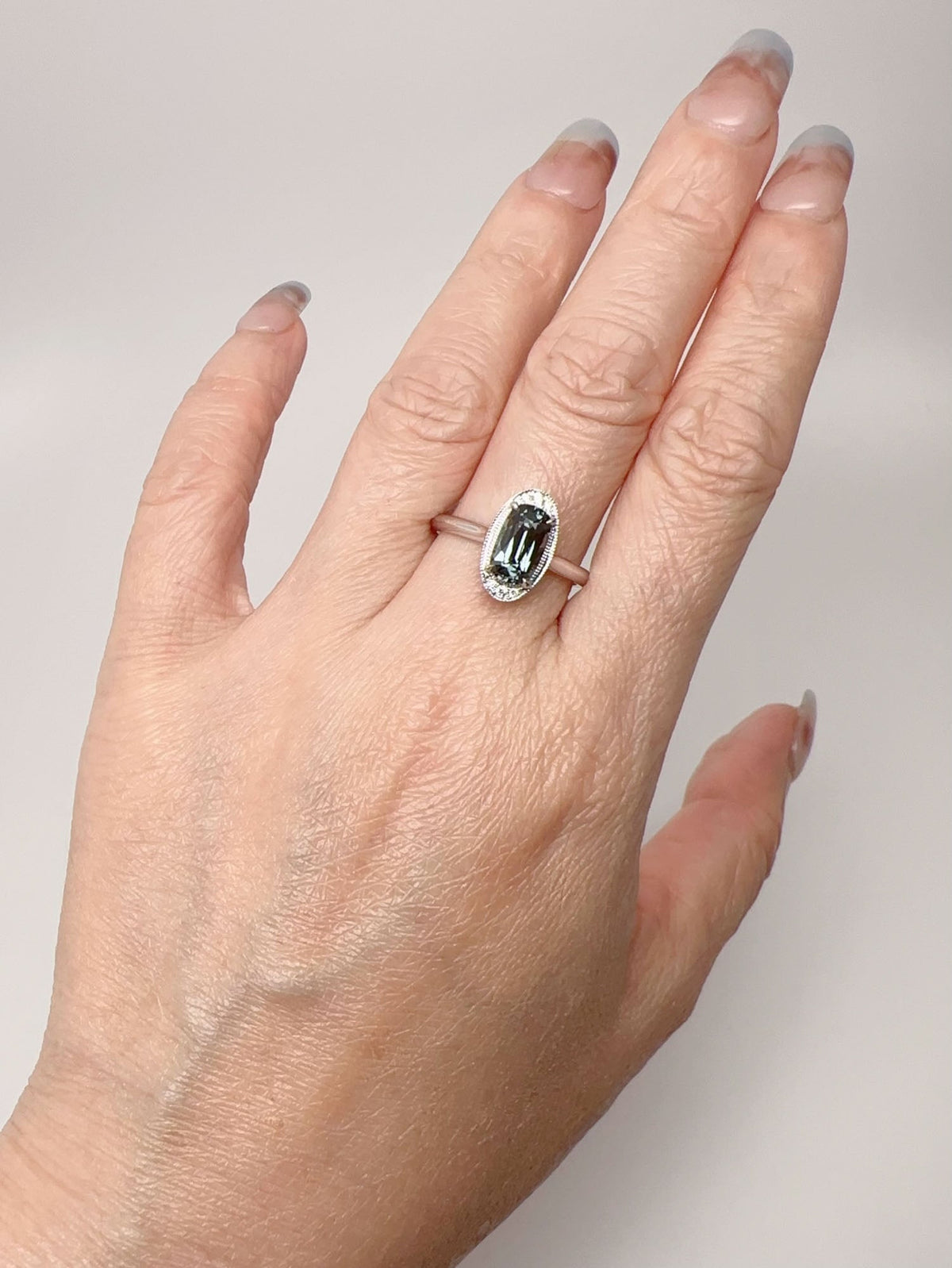 1.46ct Steel Gray Spinel Ring with Diamond Accent Milgrain Setting 14K White Gold R6690 Aurora Designer