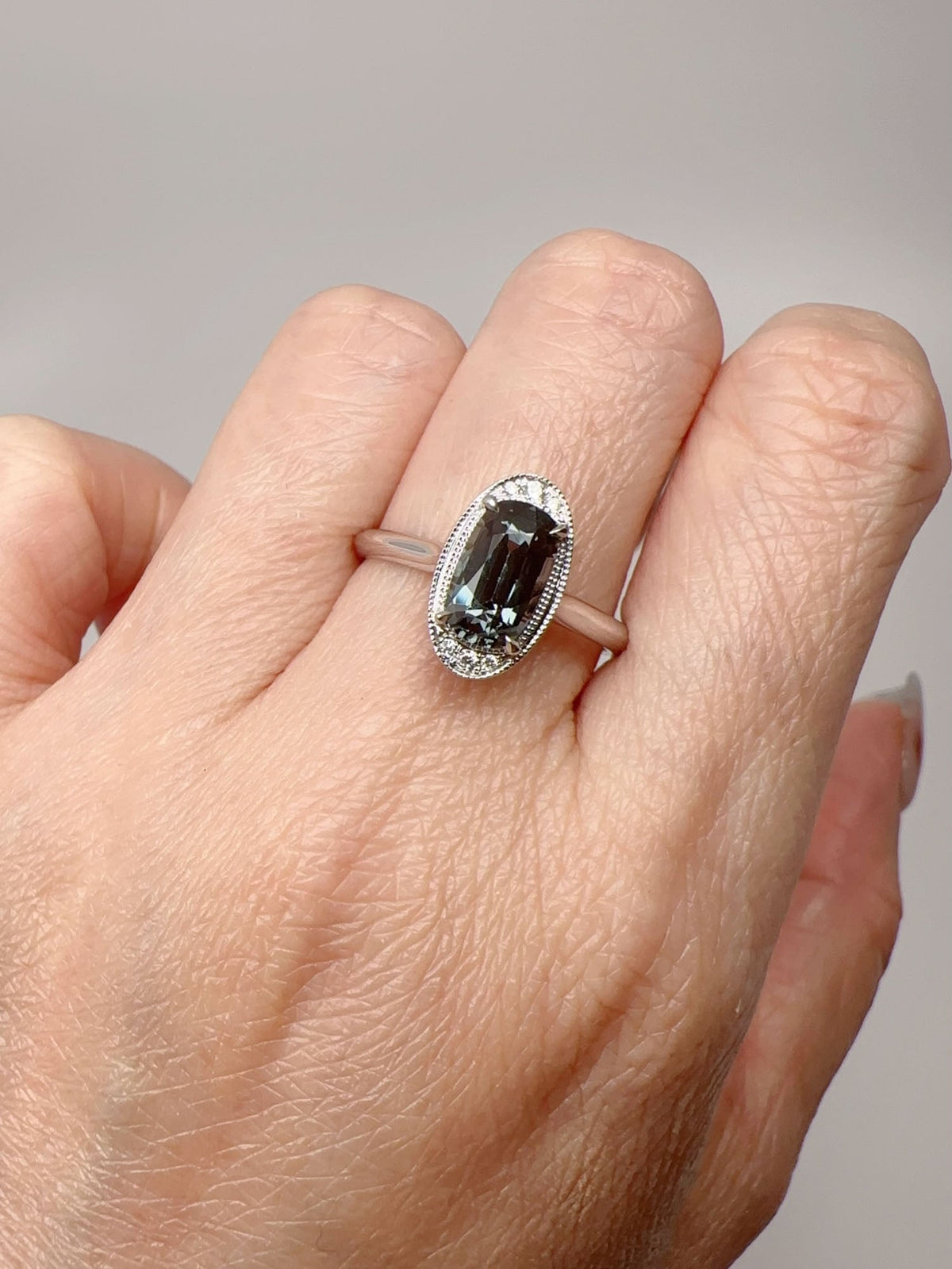 1.46ct Steel Gray Spinel Ring with Diamond Accent Milgrain Setting 14K White Gold R6690 Aurora Designer