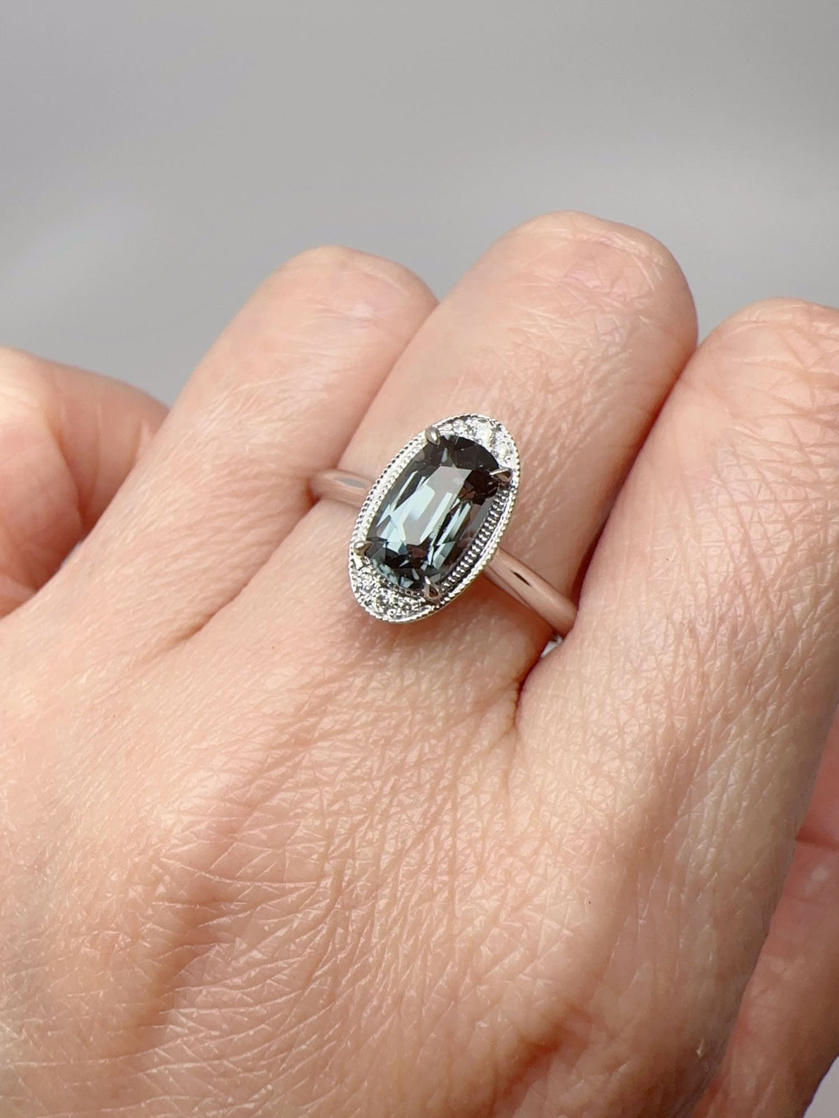 1.46ct Steel Gray Spinel Ring with Diamond Accent Milgrain Setting 14K White Gold R6690 Aurora Designer