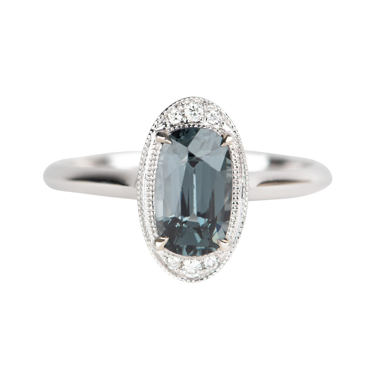 1.46ct Steel Gray Spinel Ring with Diamond Accent Milgrain Setting 14K White Gold R6690 Aurora Designer