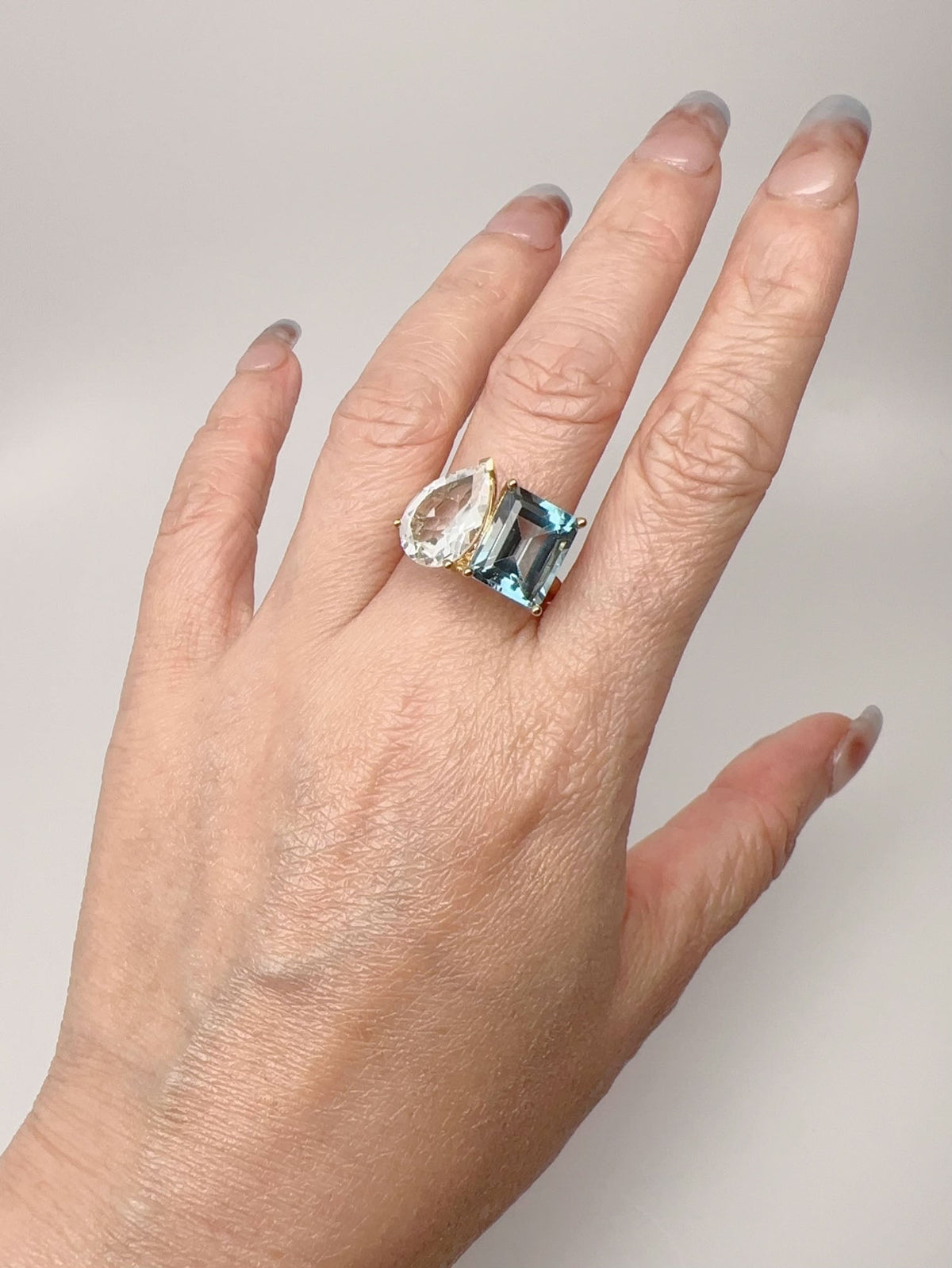 10.2ctw London Blue Topaz and White Topaz Toi et Moi Ring 9K Gold R6692 Aurora Designer