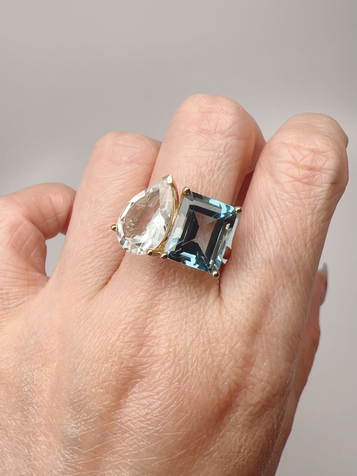 10.2ctw London Blue Topaz and White Topaz Toi et Moi Ring 9K Gold R6692 Aurora Designer