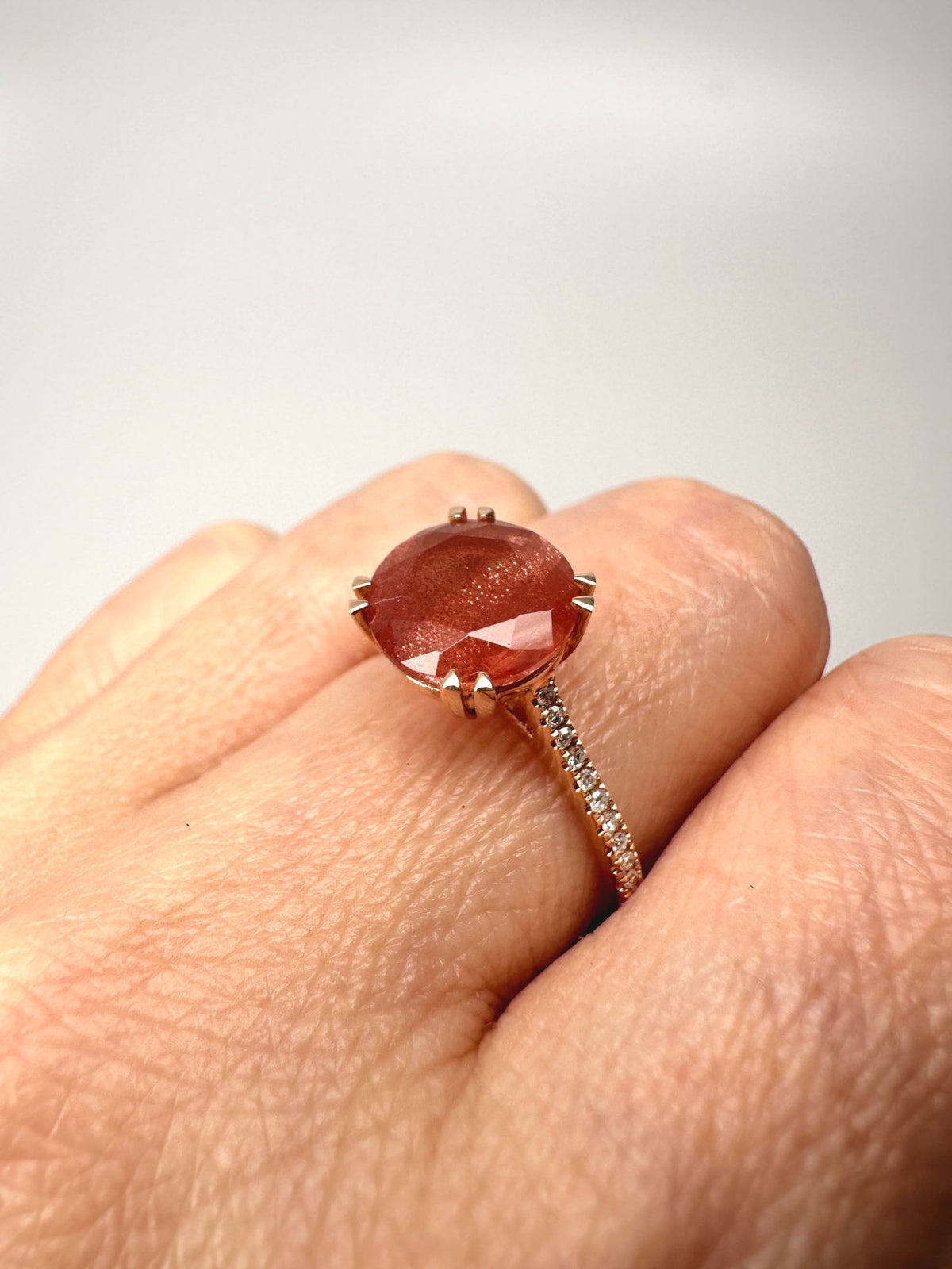 2.47ct Oregon Sunstone with Gorgeous Schiller Engagement Ring 14K Rose Gold Diamond Band R6695 Aurora Designer