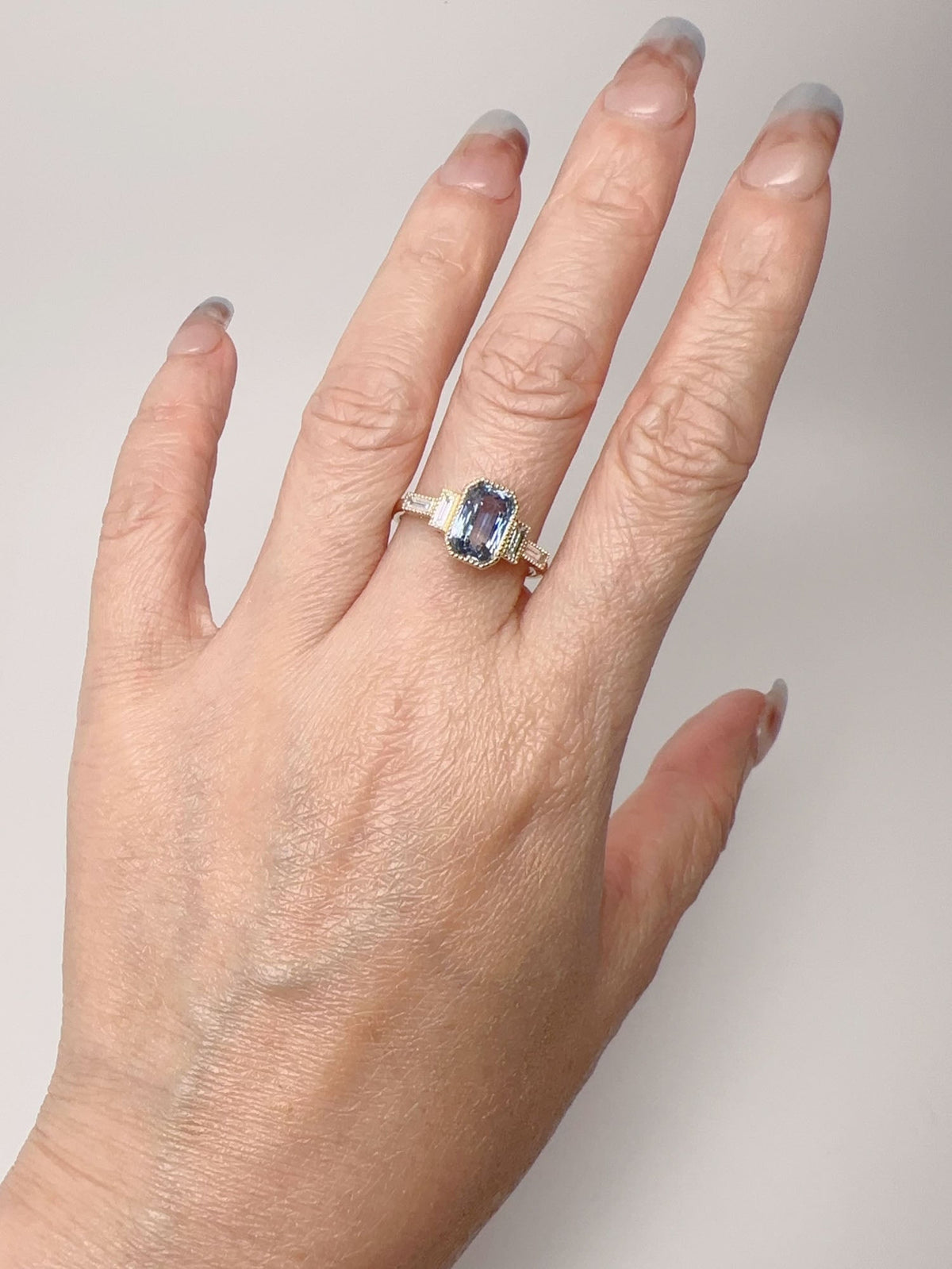 2.16ct Bi-Color Sapphire with Baguette Diamond Sides Engagement Ring 14K Gold R6697 Aurora Designer