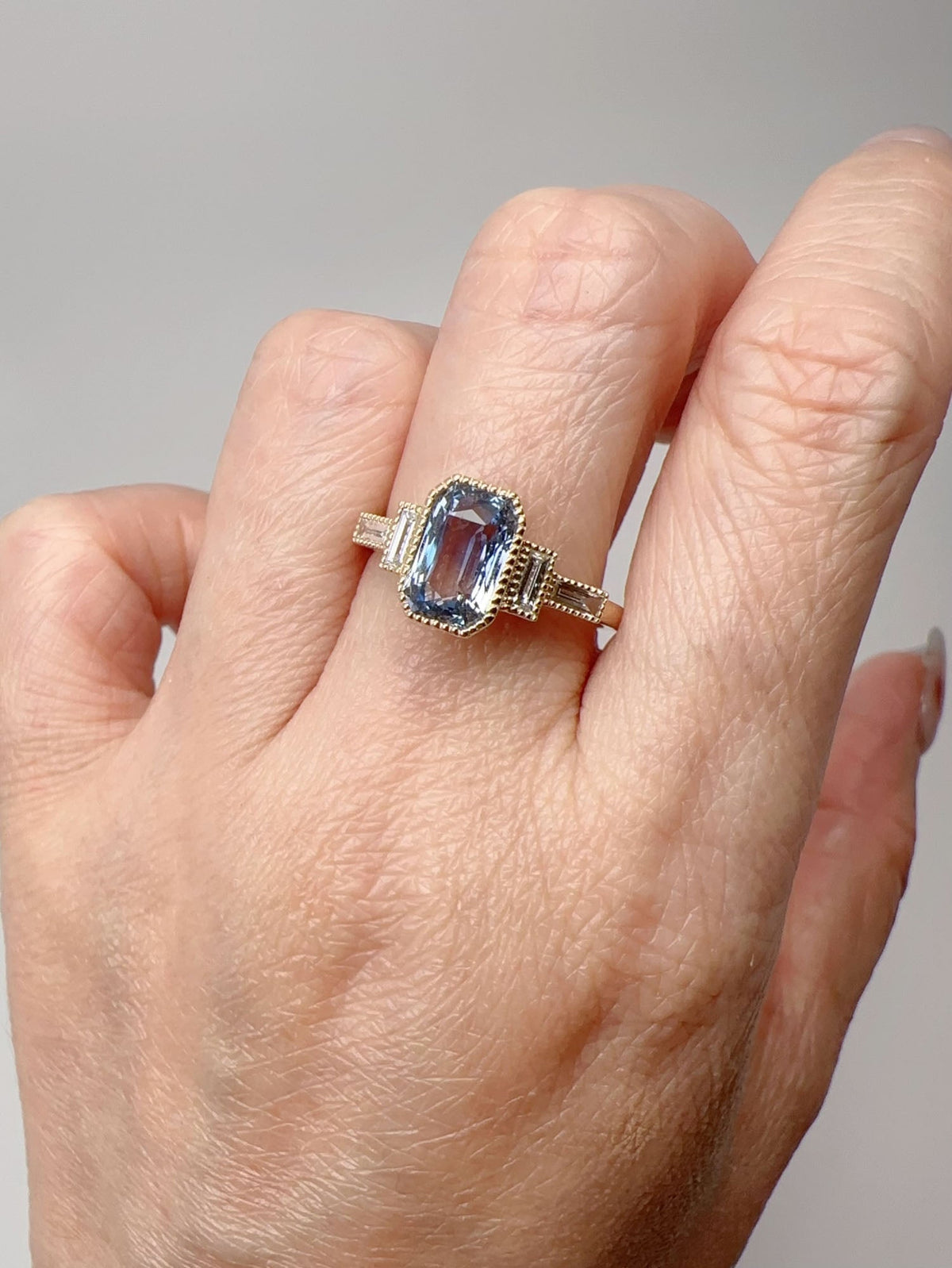 2.16ct Bi-Color Sapphire with Baguette Diamond Sides Engagement Ring 14K Gold R6697 Aurora Designer