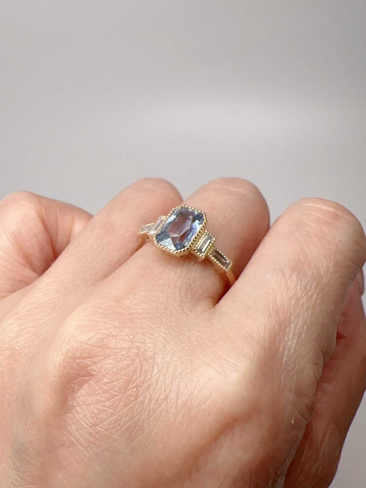 2.16ct Bi-Color Sapphire with Baguette Diamond Sides Engagement Ring 14K Gold R6697 Aurora Designer
