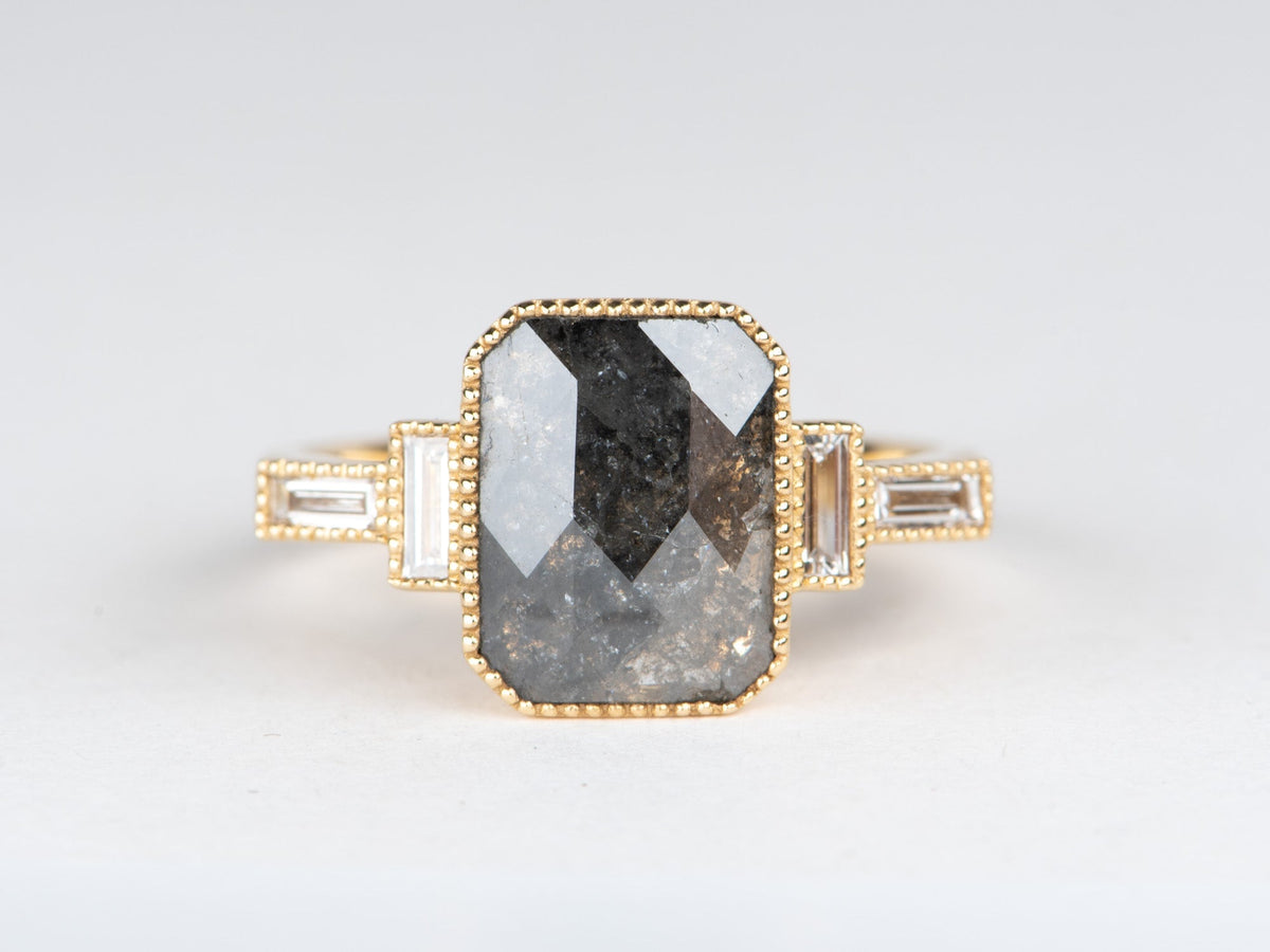 2.11ct Salt and Pepper Diamond with Baguette Sides Modern Engagement Ring 14K Gold R6698 Aurora Designer