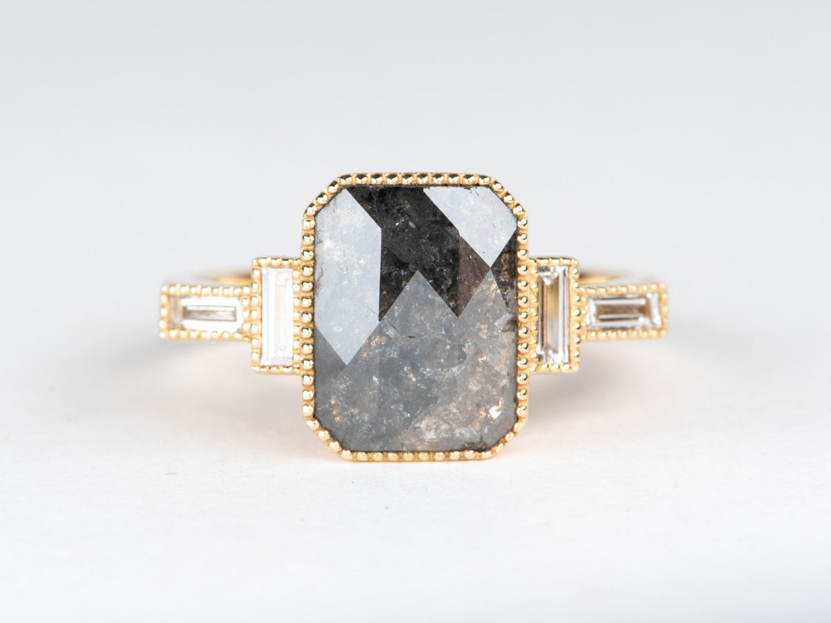 2.11ct Salt and Pepper Diamond with Baguette Sides Modern Engagement Ring 14K Gold R6698 Aurora Designer