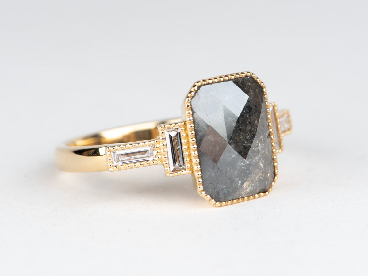 2.11ct Salt and Pepper Diamond with Baguette Sides Modern Engagement Ring 14K Gold R6698 Aurora Designer