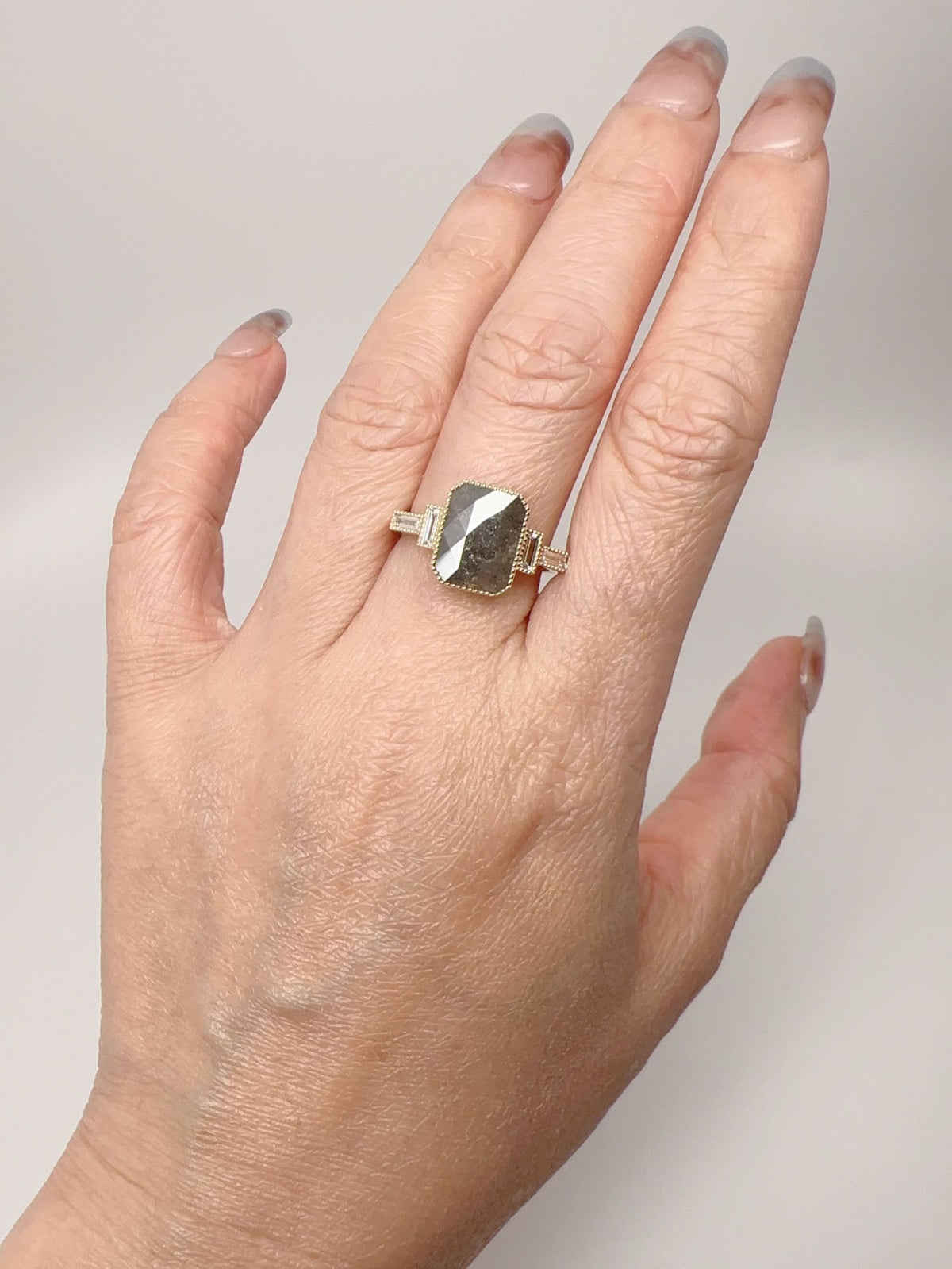 2.11ct Salt and Pepper Diamond with Baguette Sides Modern Engagement Ring 14K Gold R6698 Aurora Designer