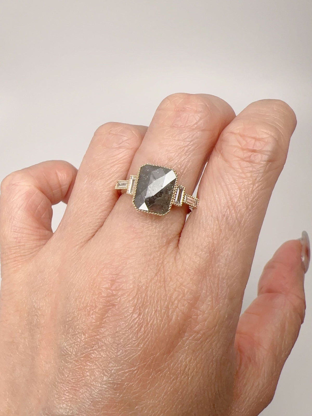 2.11ct Salt and Pepper Diamond with Baguette Sides Modern Engagement Ring 14K Gold R6698 Aurora Designer