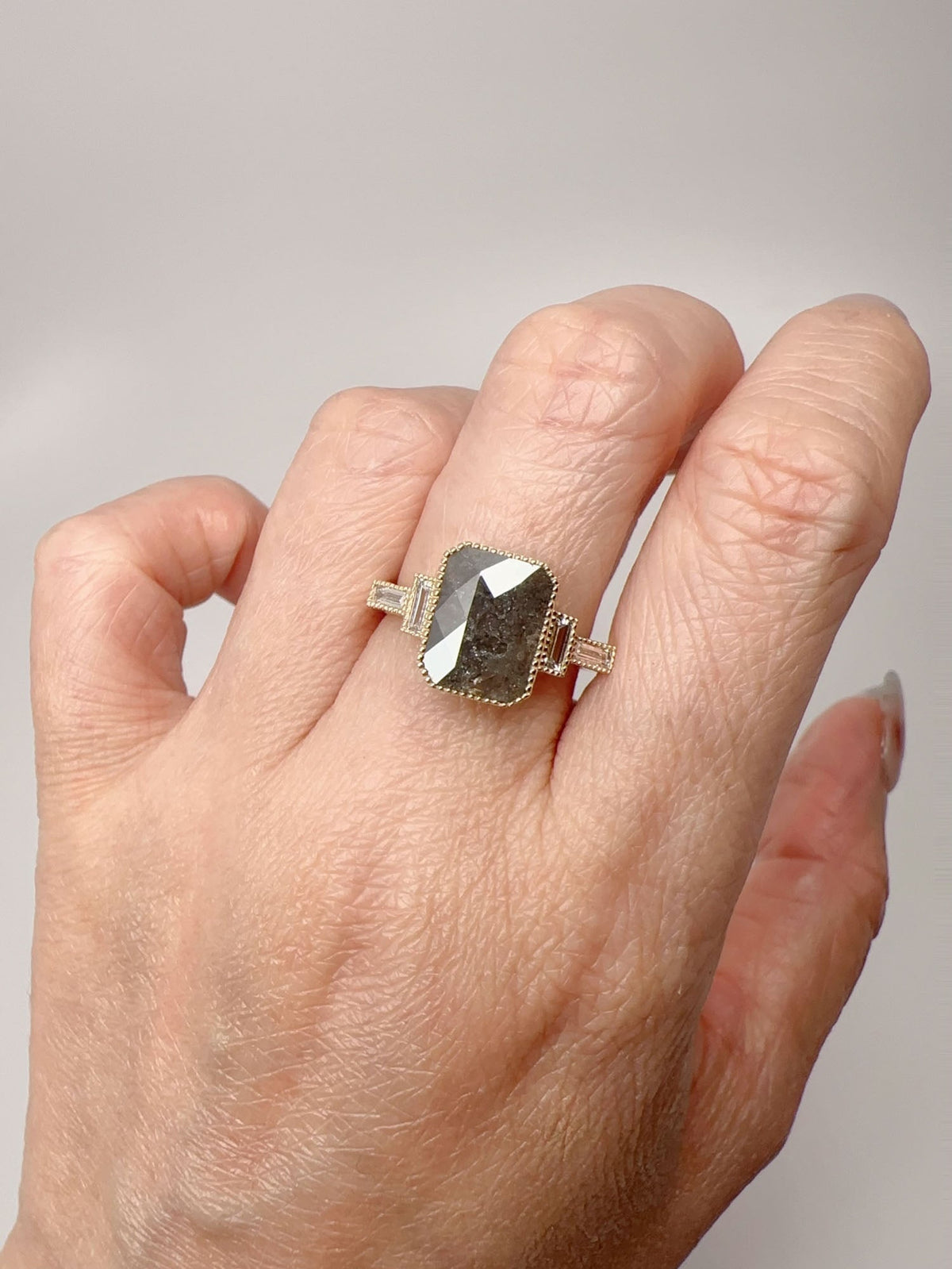 2.11ct Salt and Pepper Diamond with Baguette Sides Modern Engagement Ring 14K Gold R6698 Aurora Designer