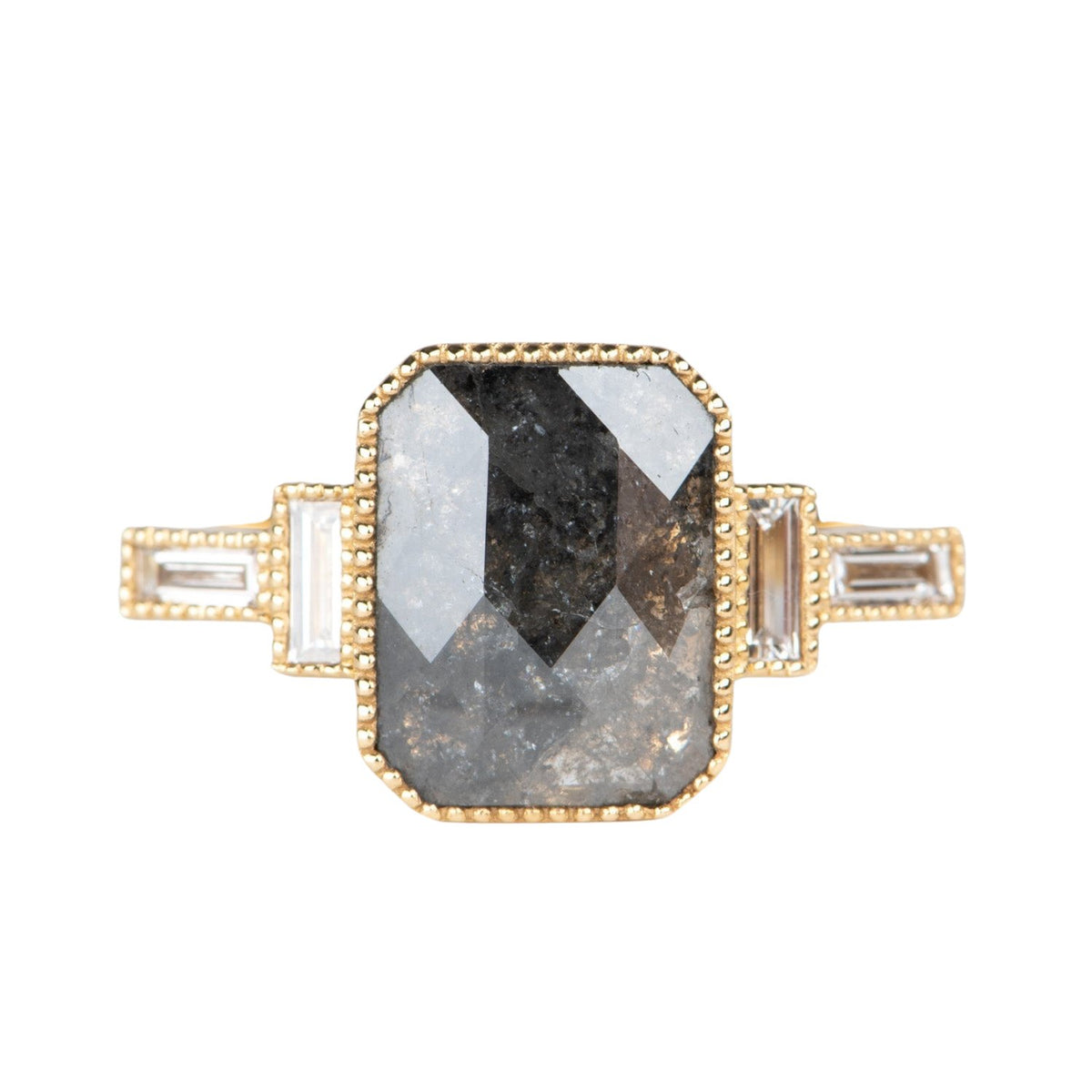 2.11ct Salt and Pepper Diamond with Baguette Sides Modern Engagement Ring 14K Gold R6698 Aurora Designer