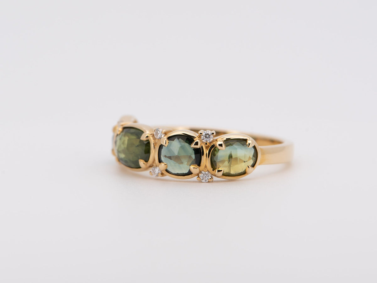 Rose Cut Teal Madagascar Sapphire Stacking Band 14K Yellow Gold R6703 Aurora Designer